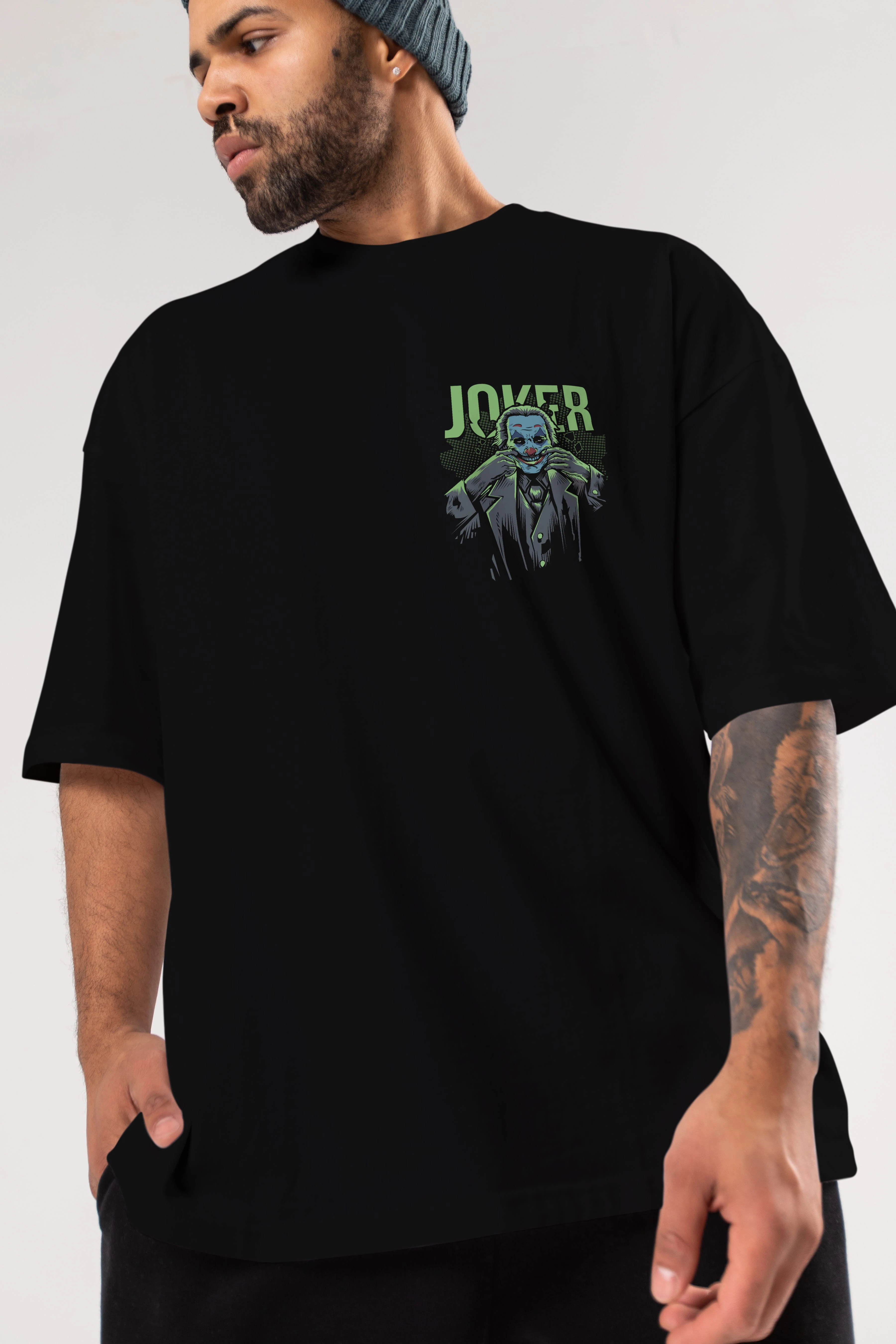 Joker (9) Ön Sol Baskılı Oversize t-shirt Erkek Kadın Unisex %100 Pamuk Bisiklet Yaka tişort