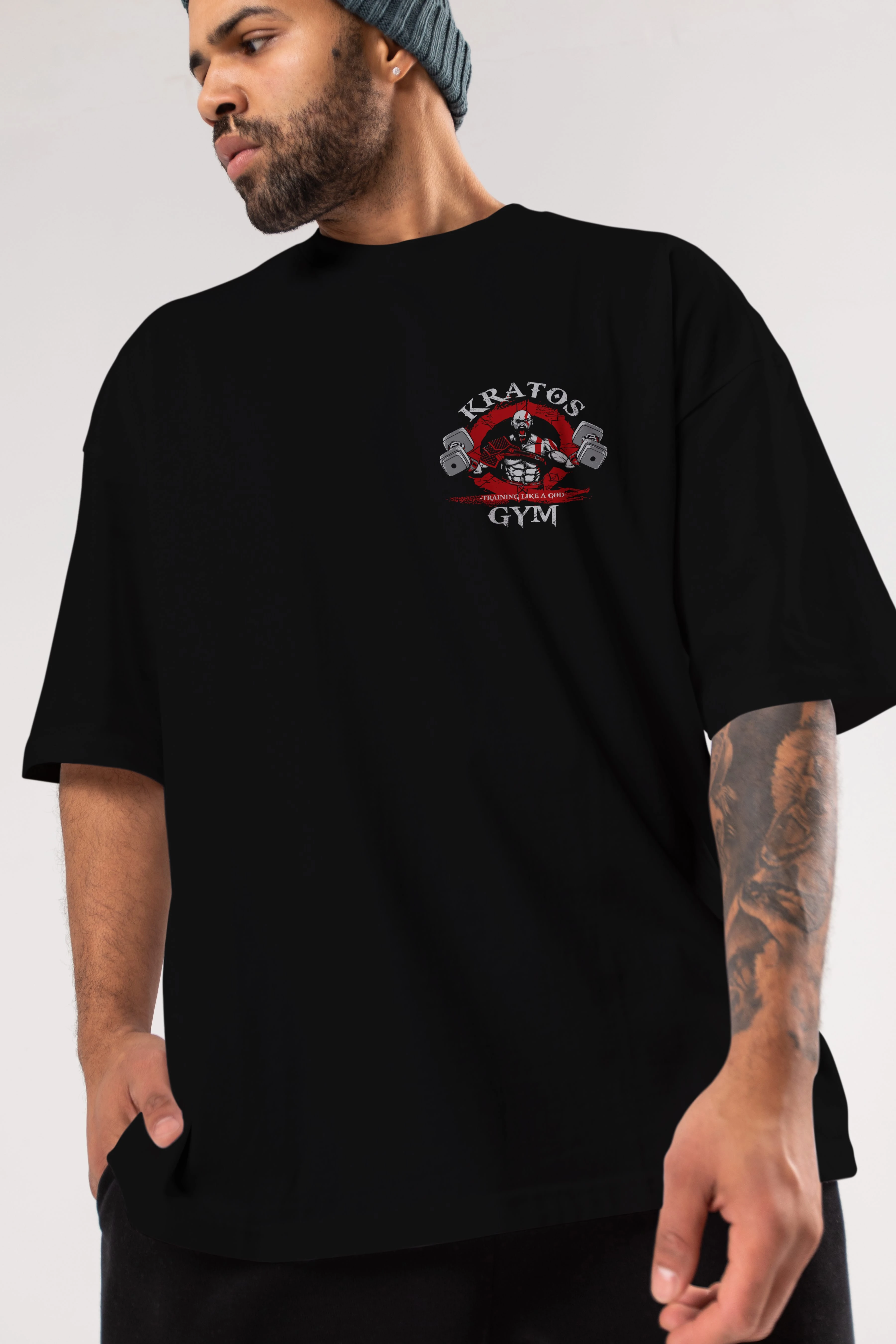 Kratos GYM Ön Sol Baskılı Oversize t-shirt Erkek Kadın Unisex %100 Pamuk Bisiklet Yaka tişort