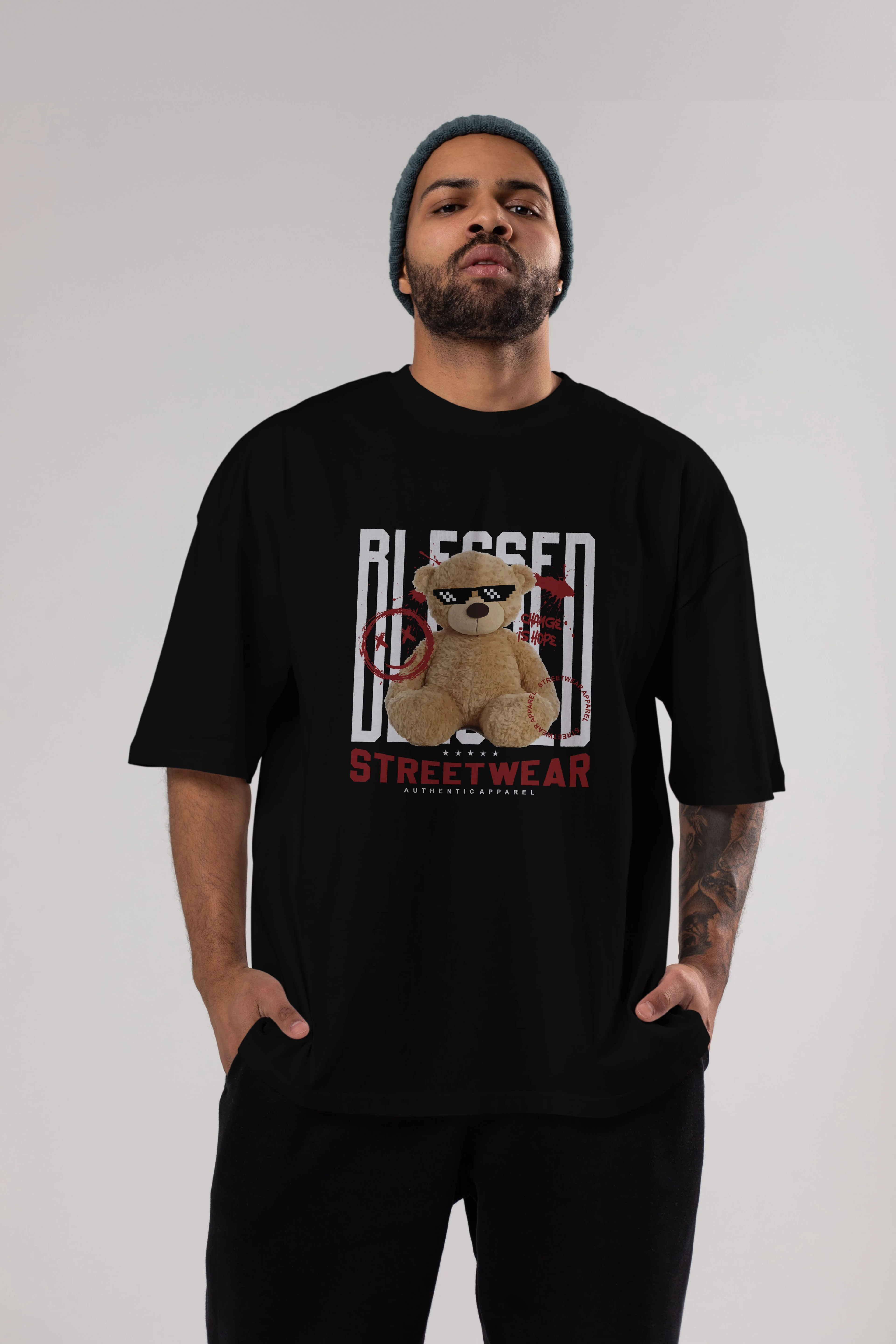 Blessed Bear Ön Baskılı Oversize t-shirt Erkek Kadın Unisex