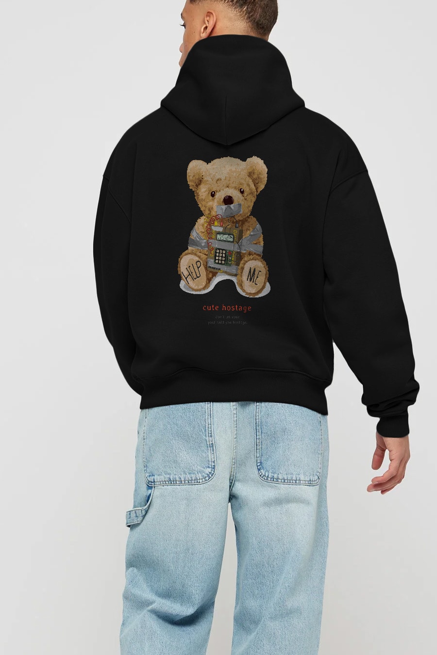 Teddy Bear Help Me Arka Baskılı Hoodie Oversize Kapüşonlu Sweatshirt Erkek Kadın Unisex