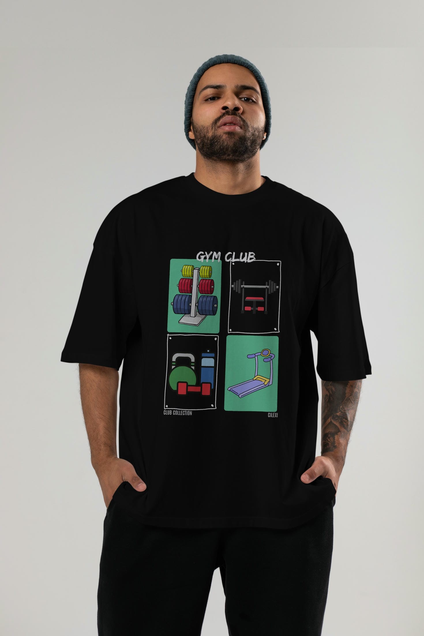Gym Club ön Baskılı Oversize t-shirt Erkek Kadın %100 Pamuk Bisiklet Yaka tişort