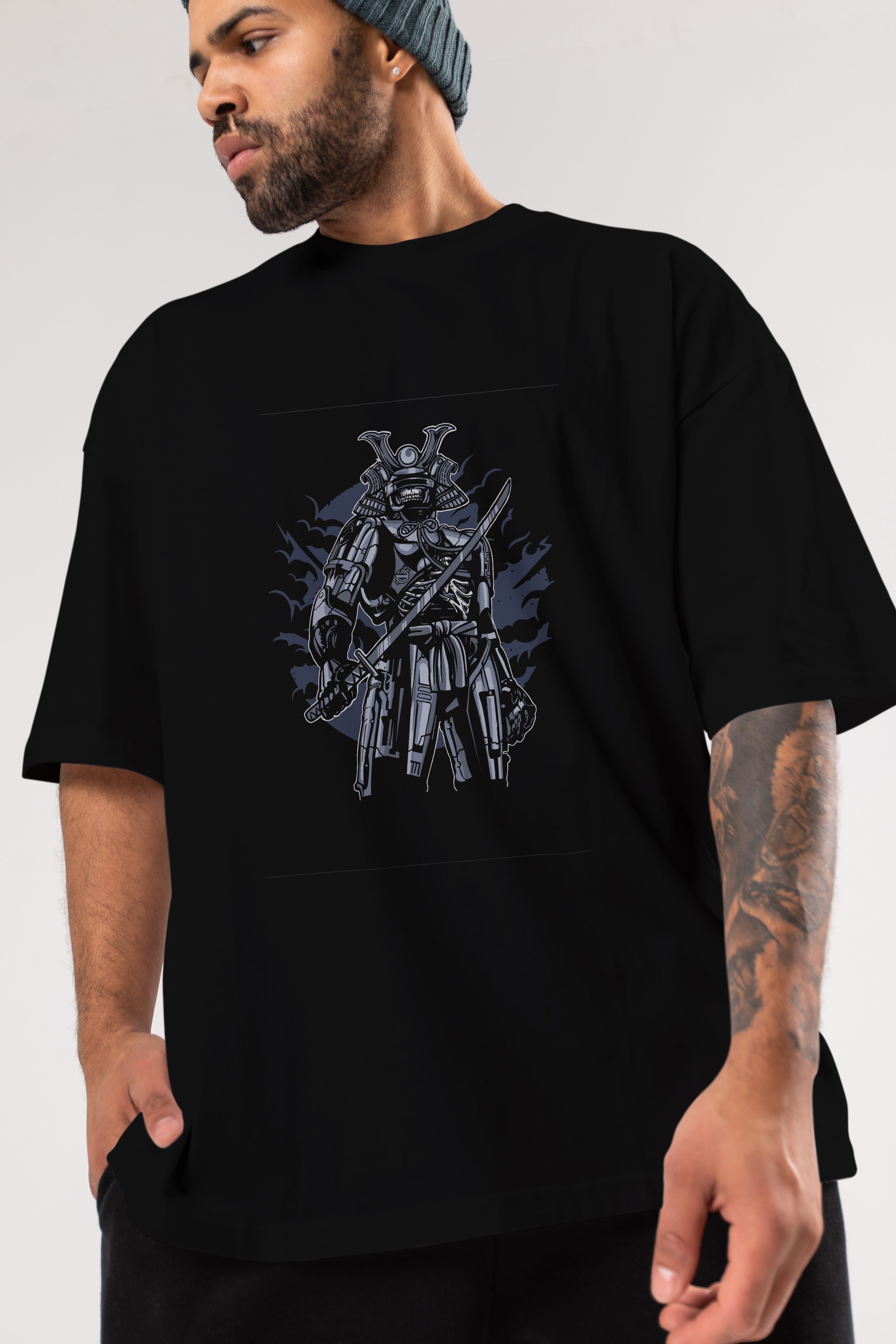 Samurai Robot Skull Ön Baskılı Oversize t-shirt Erkek Kadın Unisex %100 Pamuk tişort