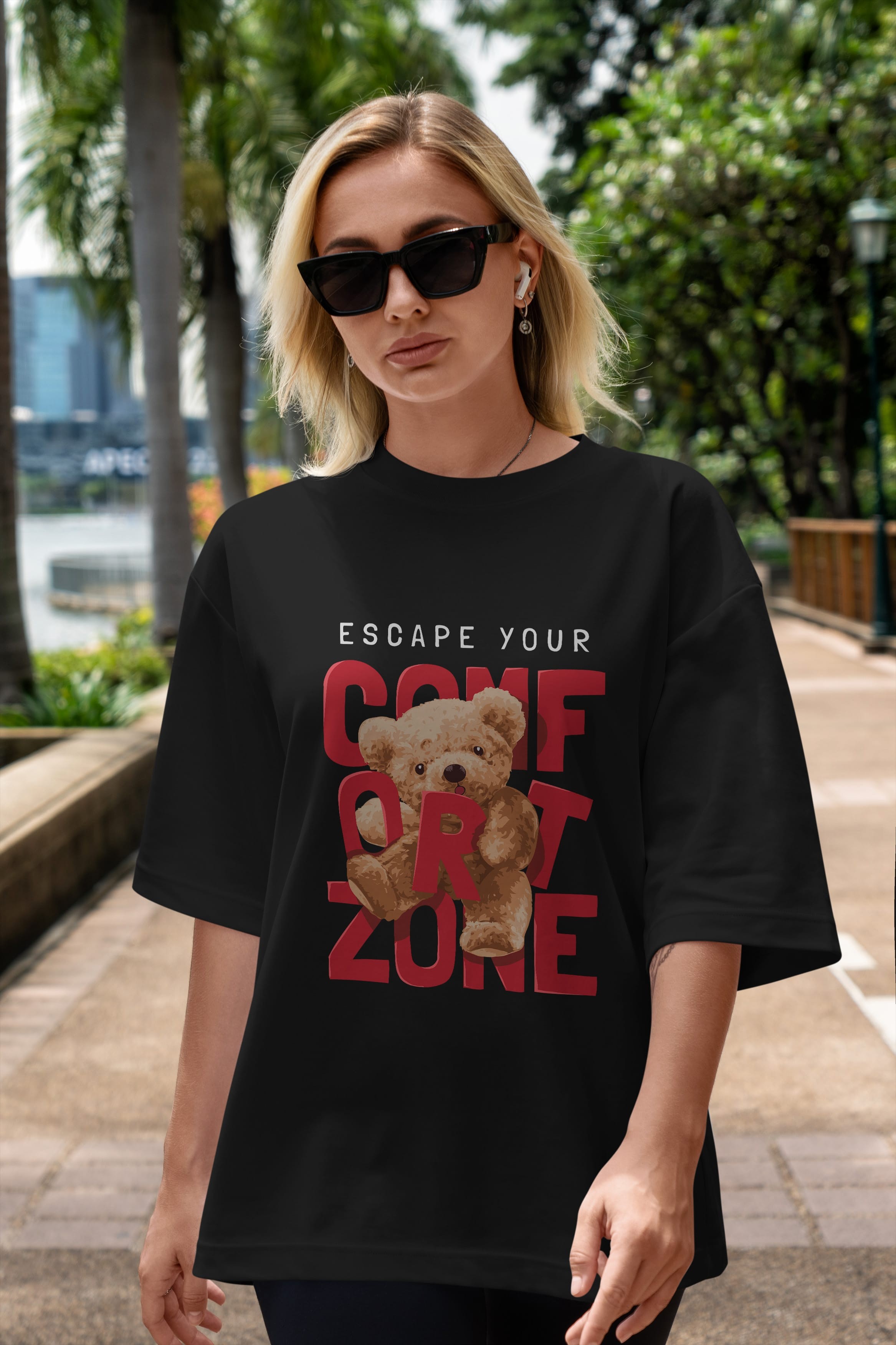 Teddy Bear Escape Comfort Zone Ön Baskılı Oversize t-shirt Erkek Kadın Unisex %100 Pamuk
