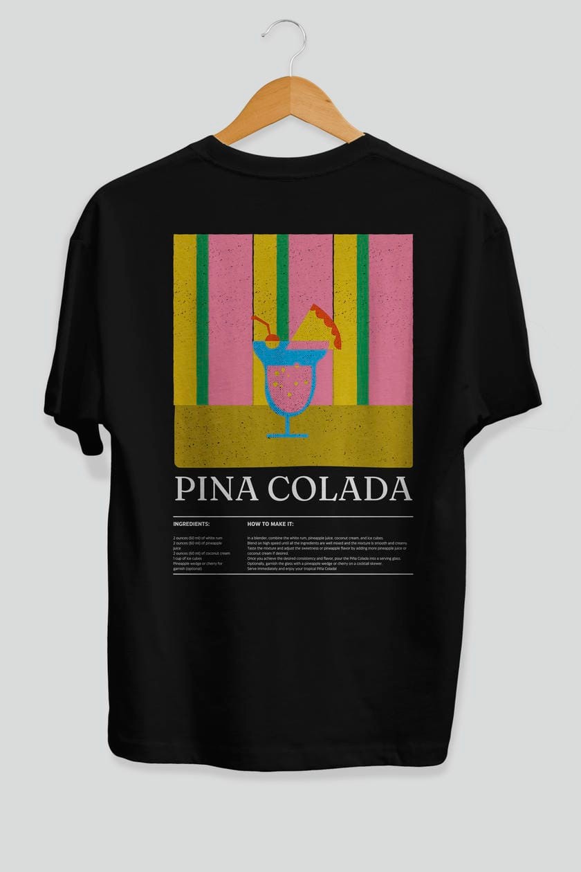 Pina Colada Kokteyl Serisi Arka Baskılı Oversize t-shirt Erkek Kadın %100 Pamuk Bisiklet Yaka tişort