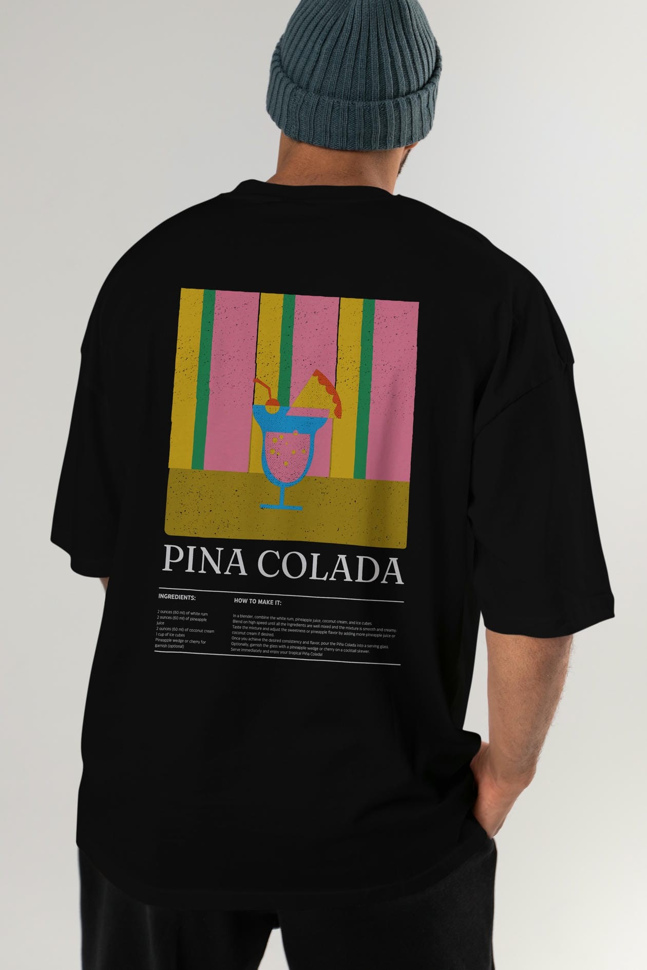 Pina Colada Kokteyl Serisi Arka Baskılı Oversize t-shirt Erkek Kadın %100 Pamuk Bisiklet Yaka tişort