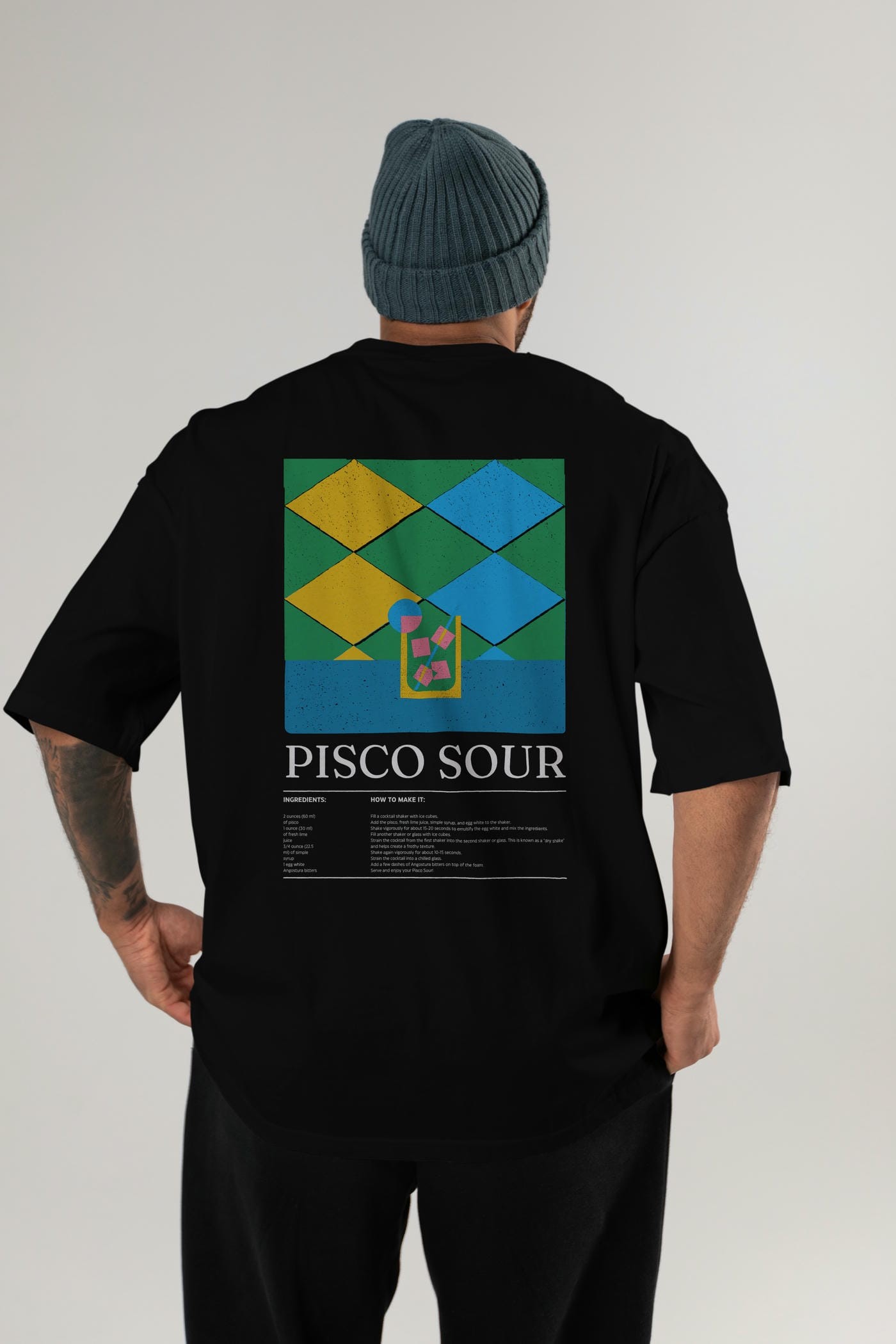 Pisco Sour Kokteyl Serisi Arka Baskılı Oversize t-shirt Erkek Kadın %100 Pamuk Bisiklet Yaka tişort
