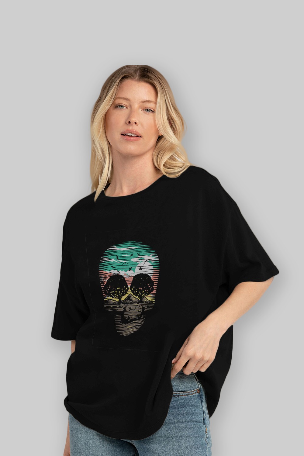 Skull Nature Ön Baskılı Oversize t-shirt %100 pamuk Erkek Kadın Unisex