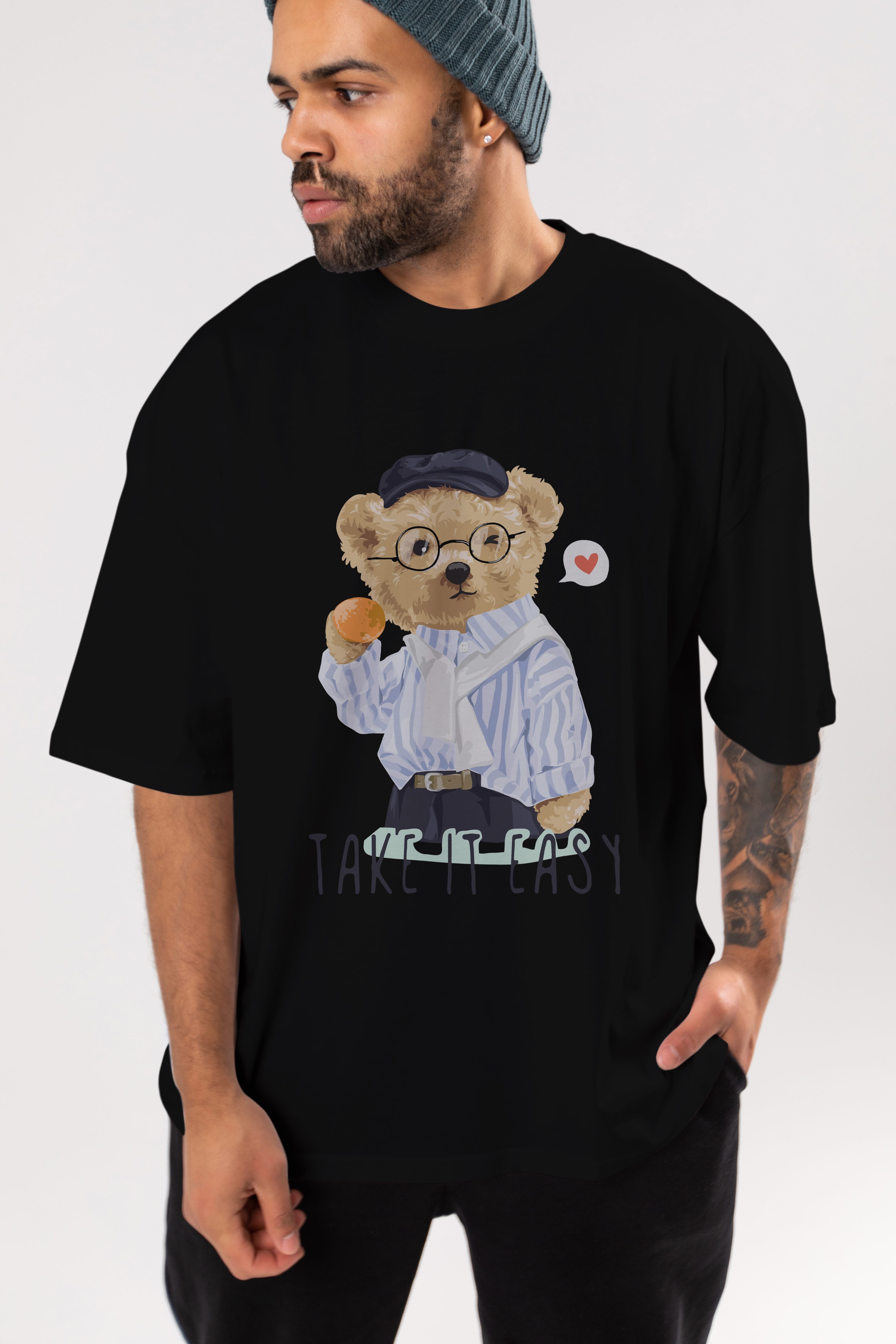 Teddy Bear Take it Easy Ön Baskılı Oversize t-shirt Erkek Kadın Unisex %100 Pamuk