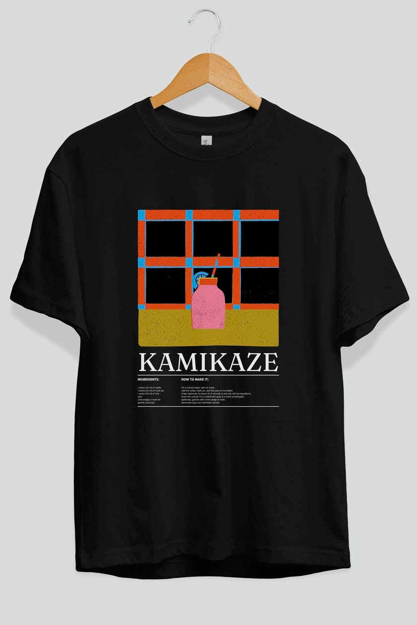 Kamikaze Kokteyl Ön Baskılı Oversize t-shirt Erkek Kadın %100 Pamuk Bisiklet Yaka tişort