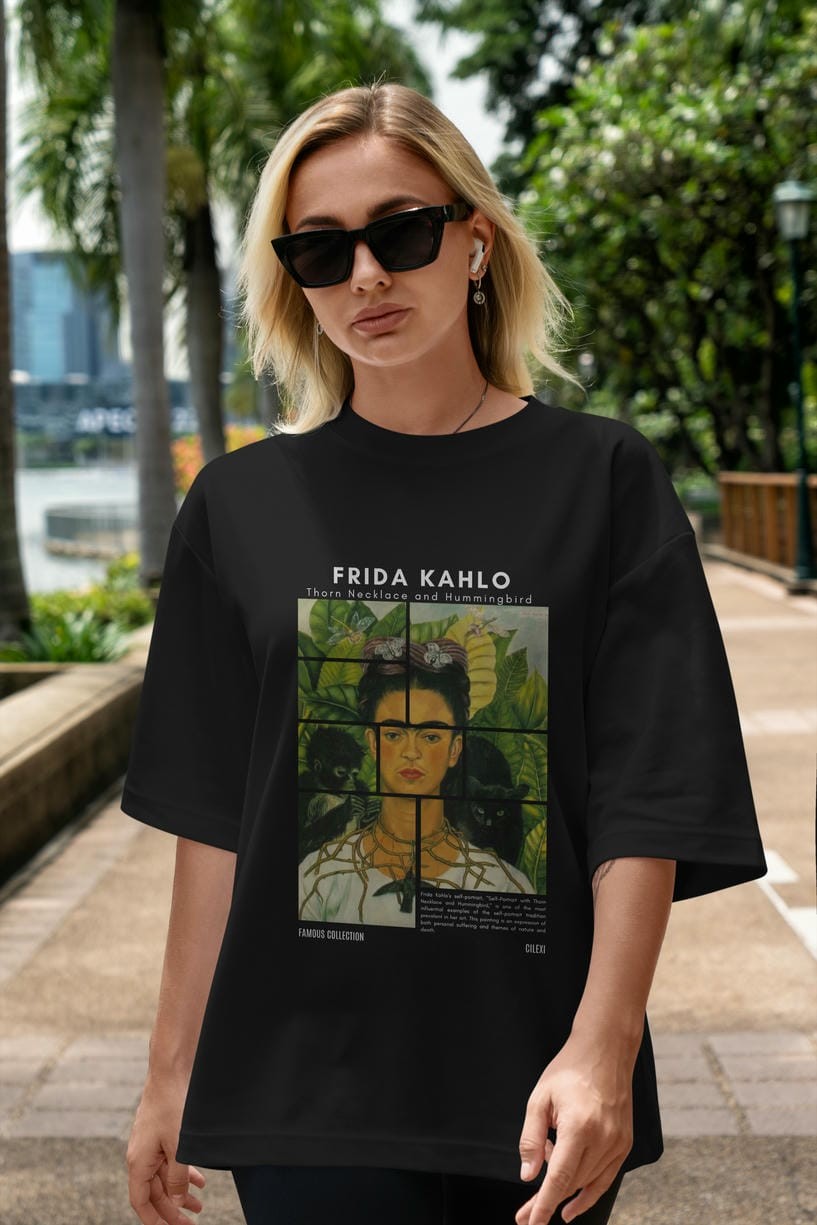 Frida Kahlo ön Baskılı Oversize t-shirt Erkek Kadın Bisiklet Yaka Pamuk tişort