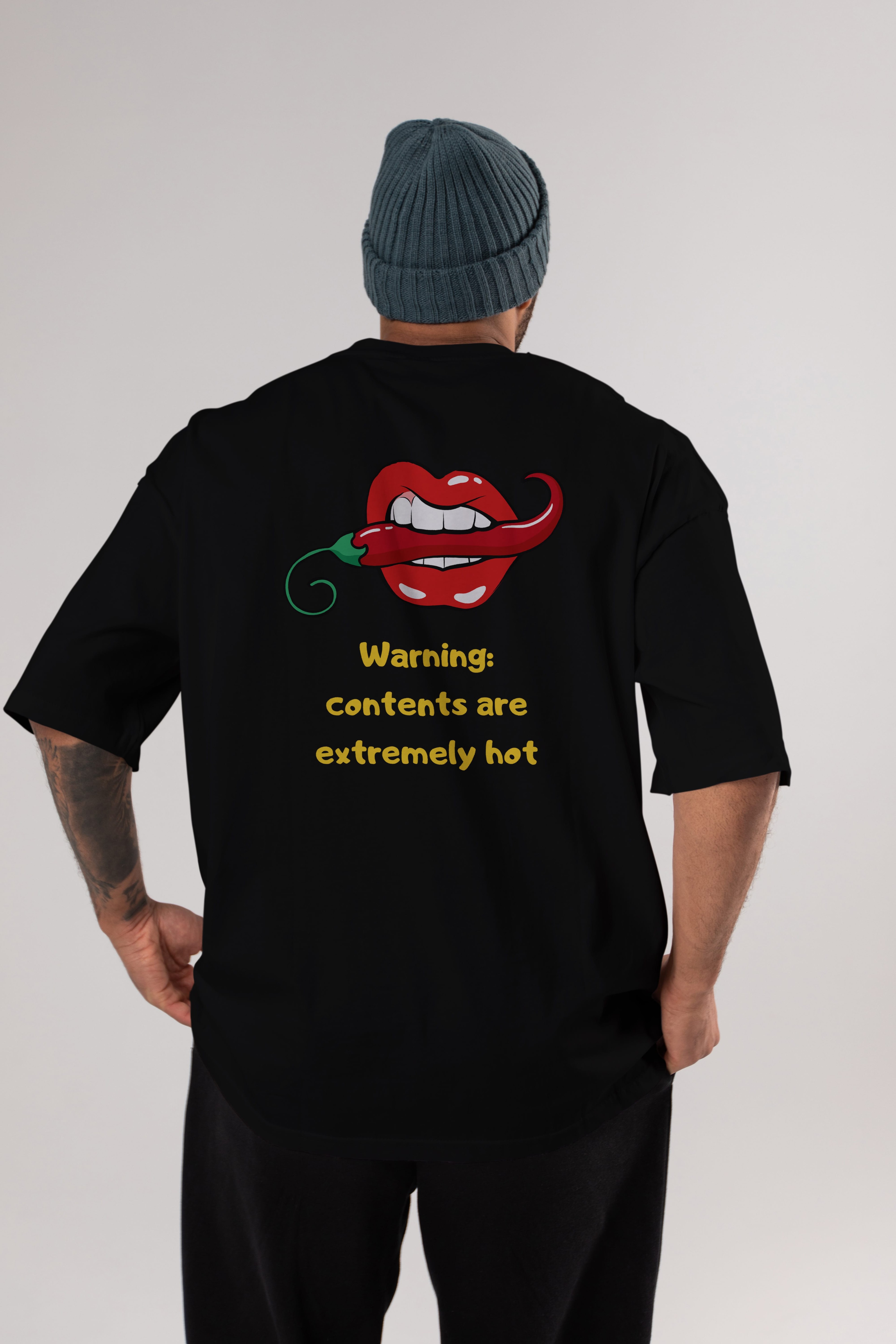 Warning Contents Yazılı Arka Baskılı Oversize t-shirt Erkek Kadın Unisex