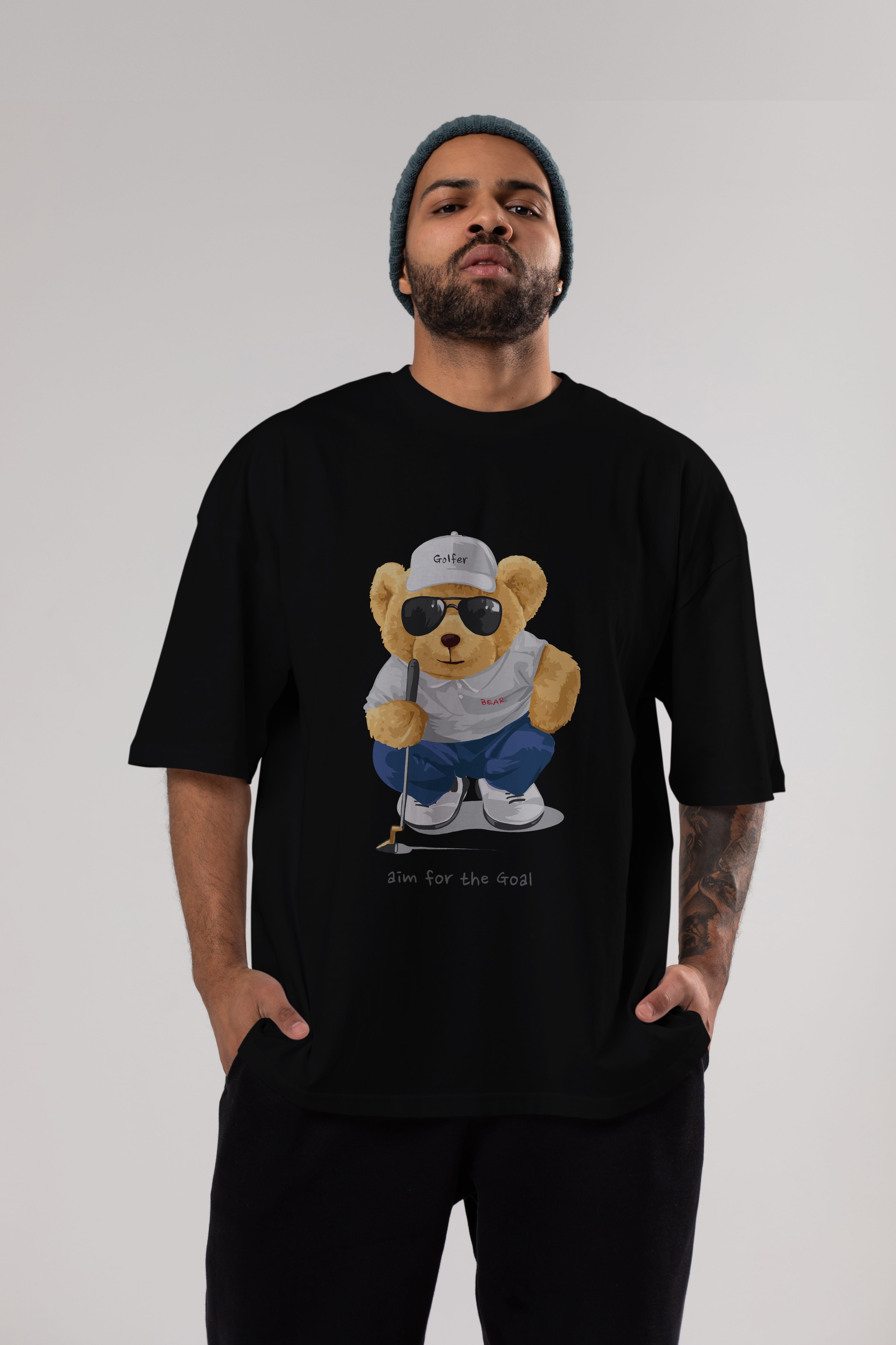 Teddy Bear Golfer Ön Baskılı Oversize t-shirt Erkek Kadın Unisex %100 Pamuk