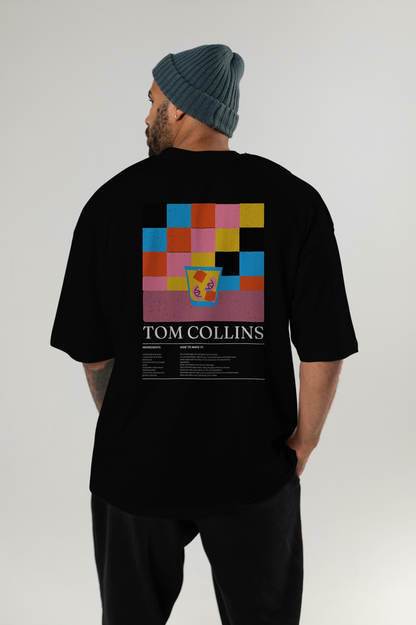 Tom Collins Kokteyl Serisi Arka Baskılı Oversize t-shirt Erkek Kadın %100 Pamuk Bisiklet Yaka tişort