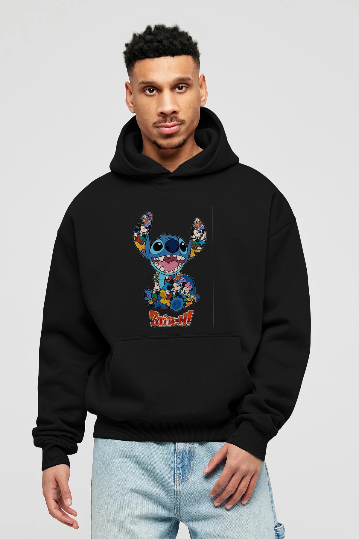 Stitch Ön Baskılı Hoodie Oversize Kapüşonlu Sweatshirt Erkek Kadın Unisex