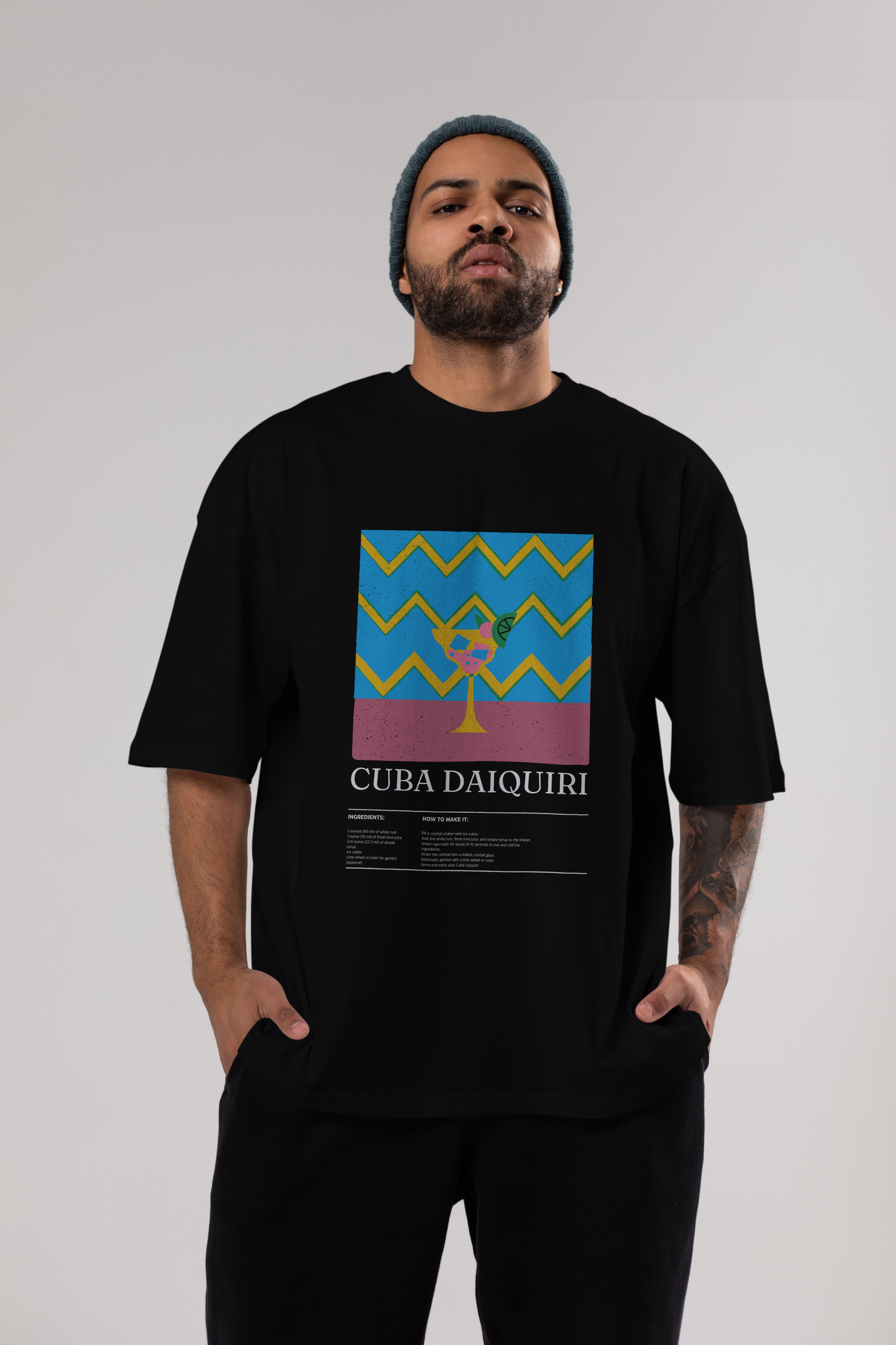 Cuba Daiquiri Kokteyl Ön Baskılı Oversize t-shirt Erkek Kadın %100 Pamuk Bisiklet Yaka tişort