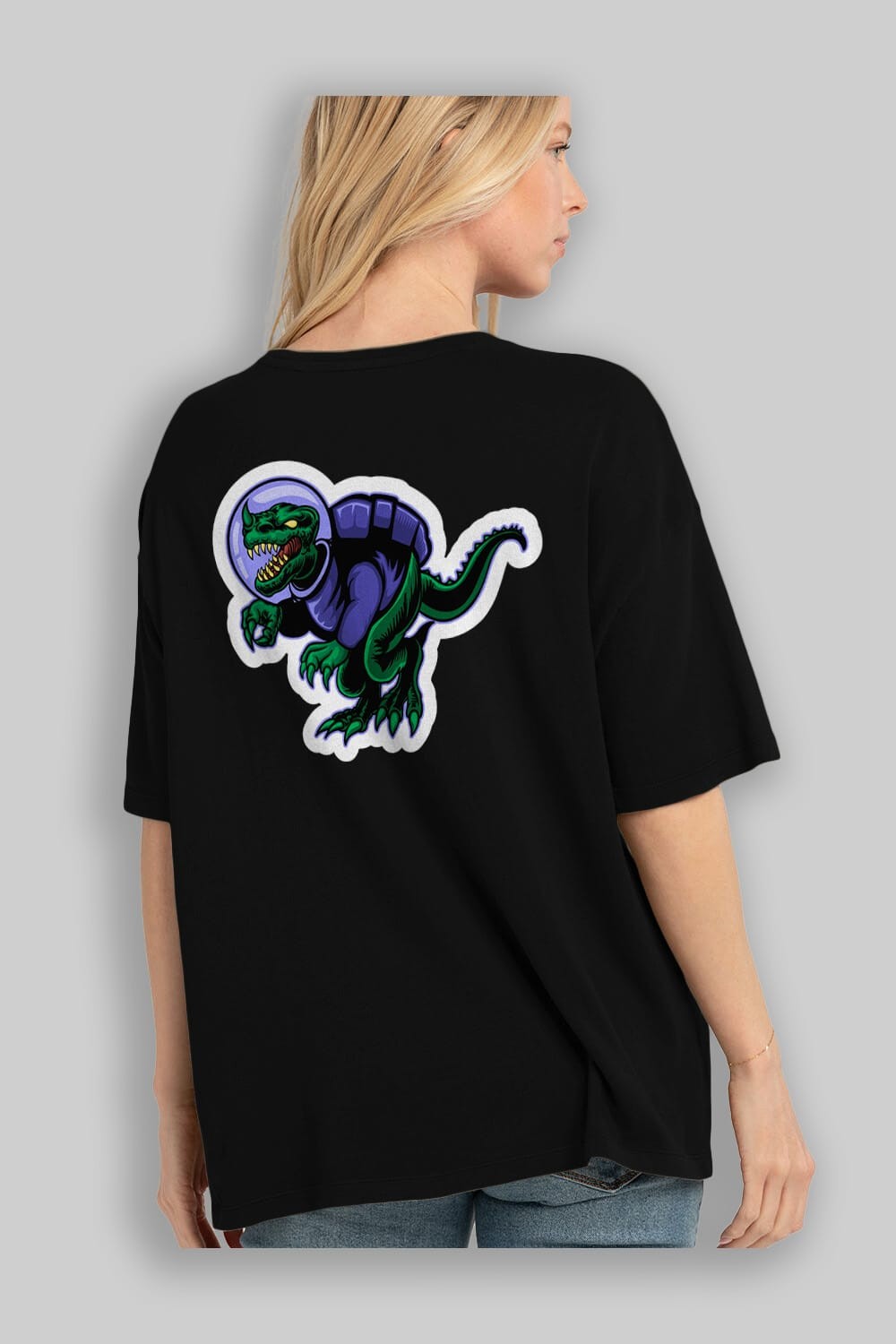 Space Dino Sticker Arka Baskılı Oversize t-shirt Erkek Kadın Unisex