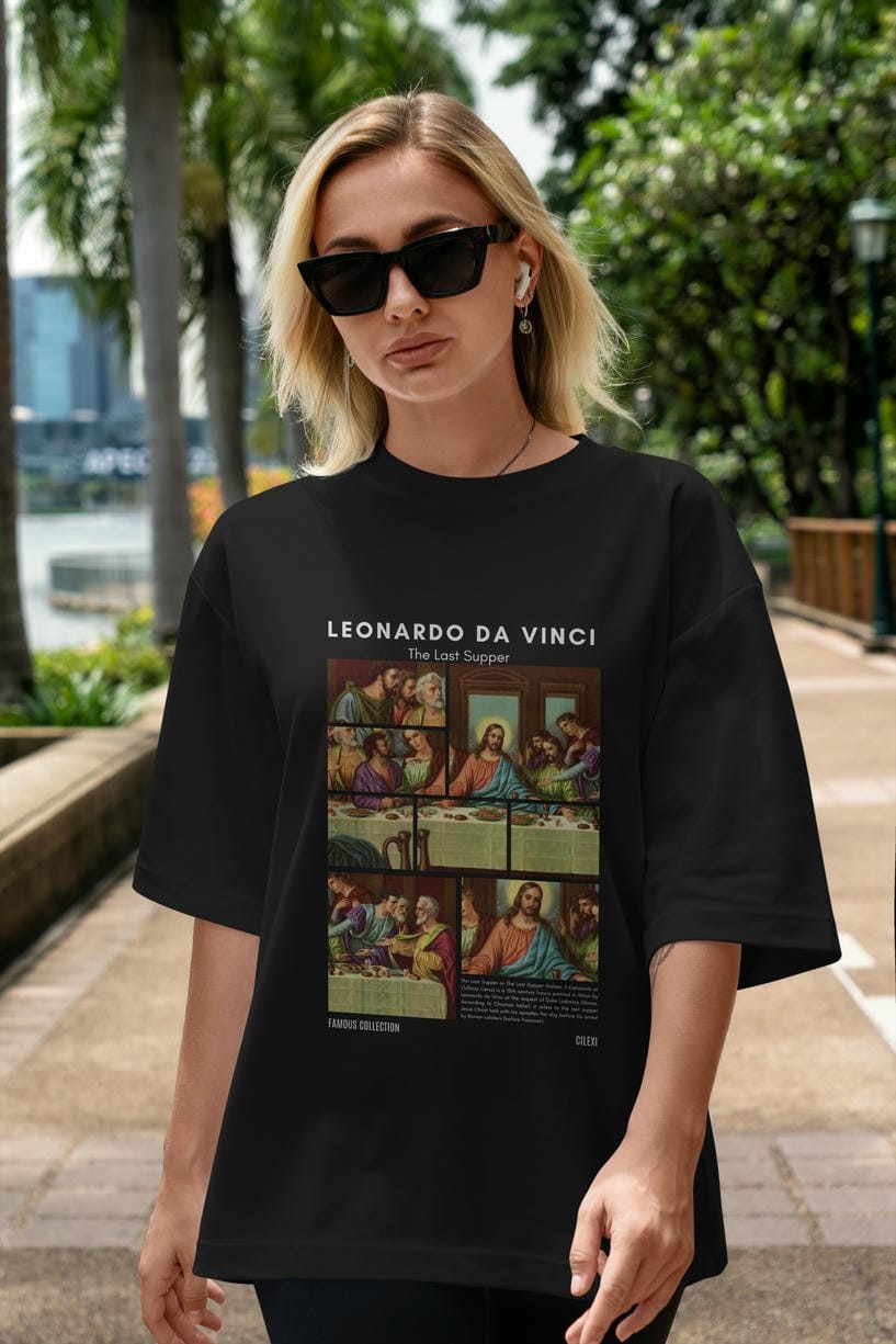 Leonardo Da Vinci ön Baskılı Oversize t-shirt Erkek Kadın Bisiklet Yaka Pamuk tişort