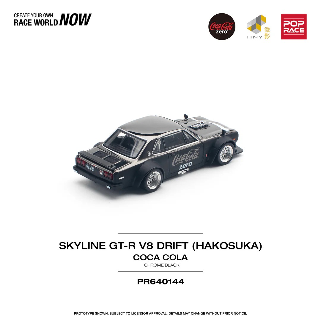 POPRACE 1:64 NISSAN SKYLINE GT-R V8 DRIFT (HAKOSUKA) COCA COLA ZERO CHROME BLACK