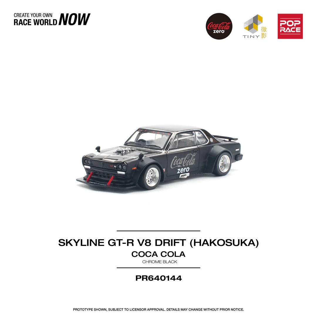 POPRACE 1:64 NISSAN SKYLINE GT-R V8 DRIFT (HAKOSUKA) COCA COLA ZERO CHROME BLACK