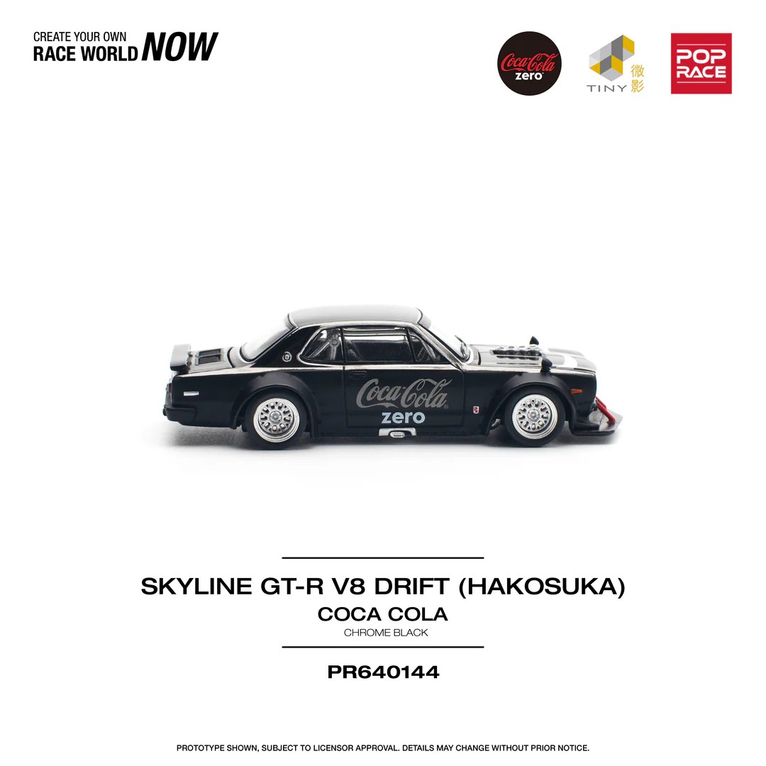 POPRACE 1:64 NISSAN SKYLINE GT-R V8 DRIFT (HAKOSUKA) COCA COLA ZERO CHROME BLACK