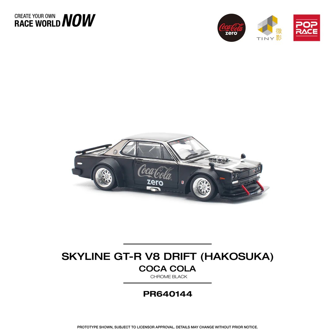 POPRACE 1:64 NISSAN SKYLINE GT-R V8 DRIFT (HAKOSUKA) COCA COLA ZERO CHROME BLACK