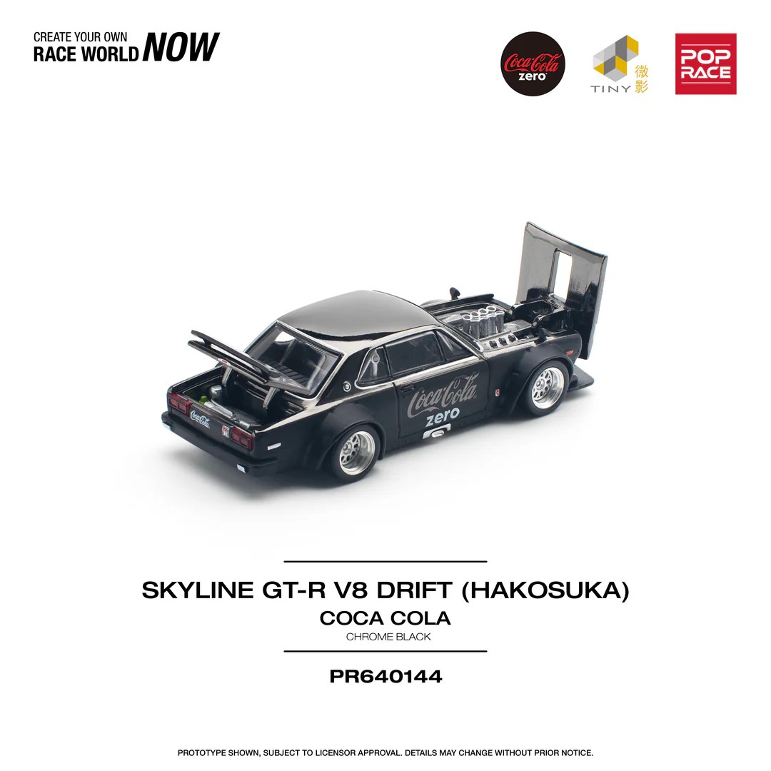 POPRACE 1:64 NISSAN SKYLINE GT-R V8 DRIFT (HAKOSUKA) COCA COLA ZERO CHROME BLACK