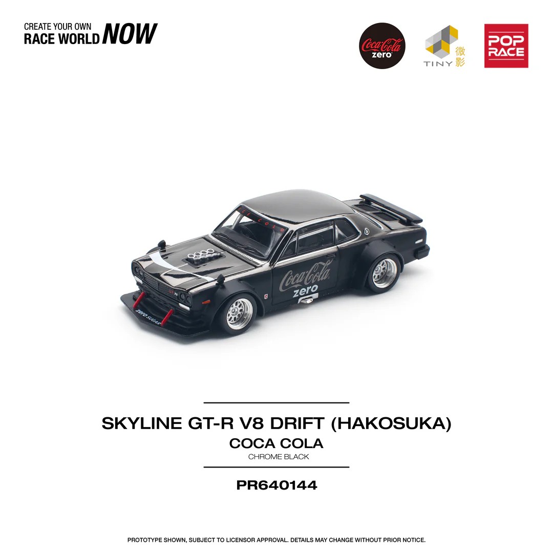 POPRACE 1:64 NISSAN SKYLINE GT-R V8 DRIFT (HAKOSUKA) COCA COLA ZERO CHROME BLACK