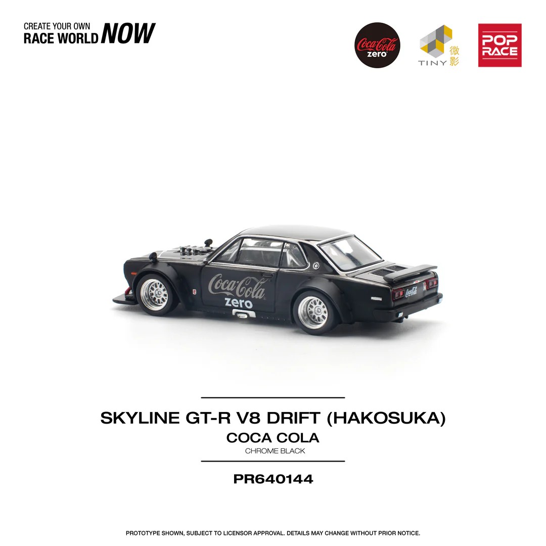 POPRACE 1:64 NISSAN SKYLINE GT-R V8 DRIFT (HAKOSUKA) COCA COLA ZERO CHROME BLACK
