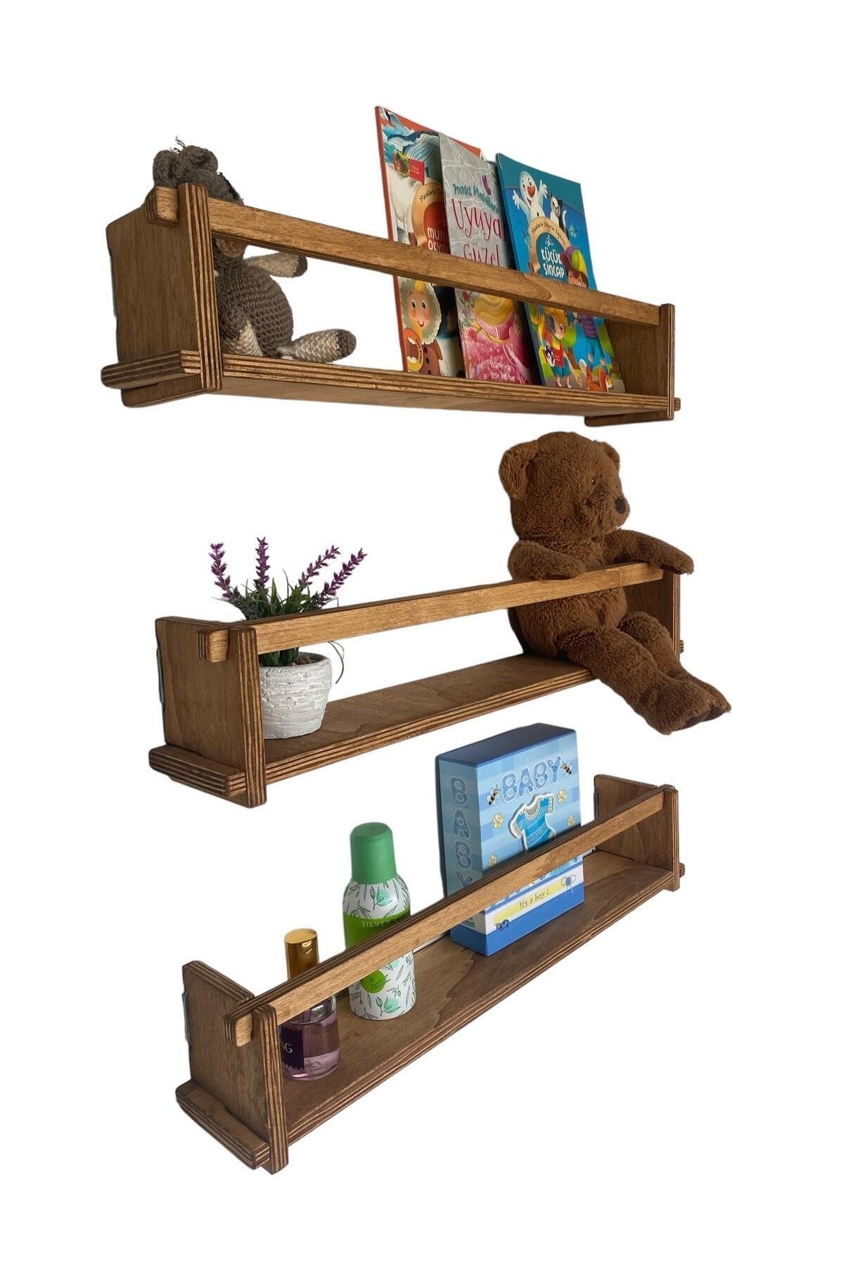 Ahşap Dekoratif Çocuk Odası Rafı, Mutfak Rafı, Montessori Kitaplık 3'lü Raf 40 Cm.