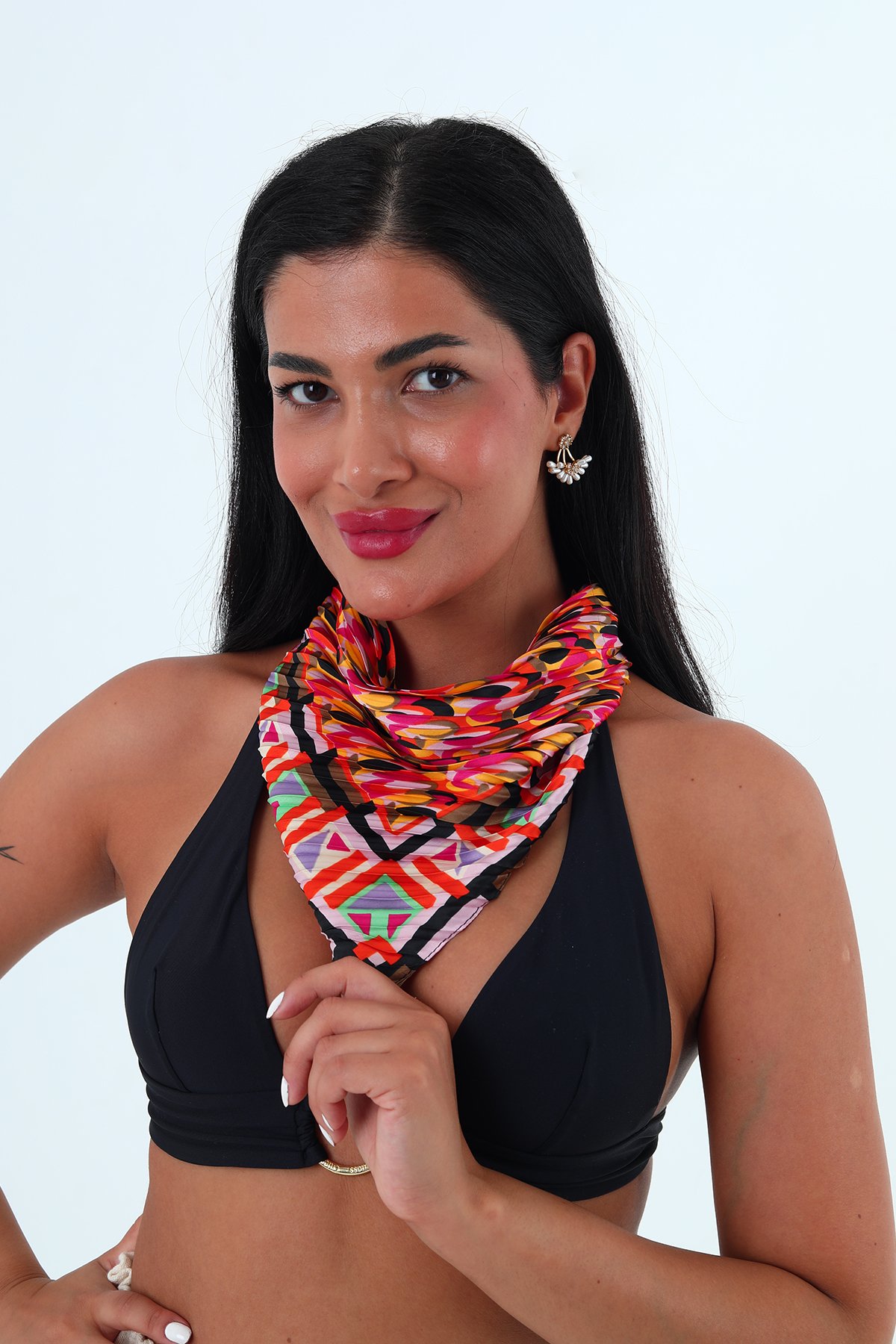Rose çok renkli piliseli bandana,fular  - fuşya