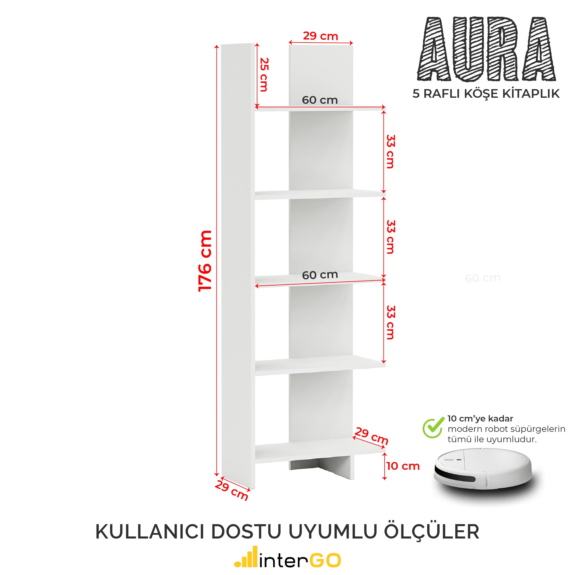 AURA 5 Raflı Kitaplık | Köşe Kitaplık | Asimetrik - Beyaz