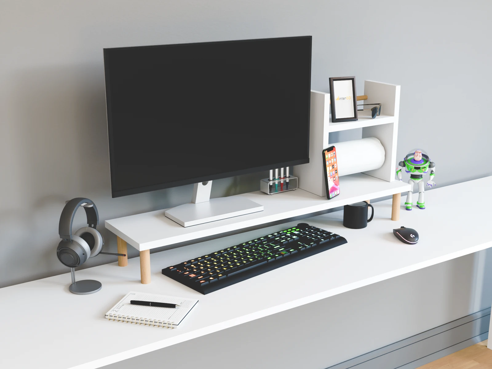 SETO Masaüstü Organizer Set / Monitör Yükseltici Stand / Havluluklu Raf - Beyaz