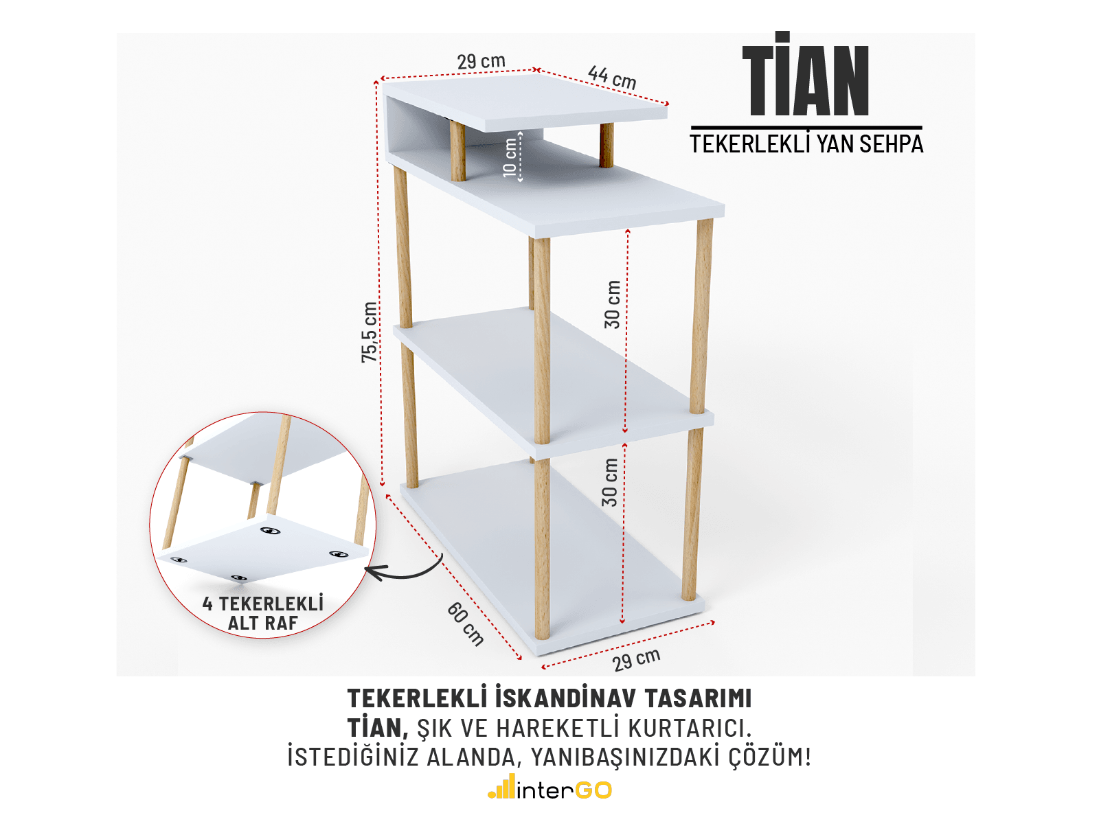 TİAN Tekerlekli Yan Sehpa | İskandinav Tasarım - Beyaz