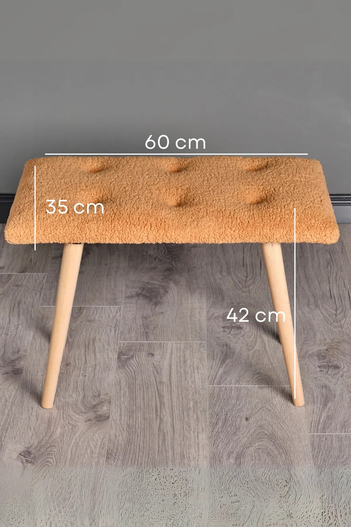 BENK Ahşap Ayaklı Retro  Puf | Kuzu Tüyü Bench Koltuk | Makyaj Pufu - Toprak