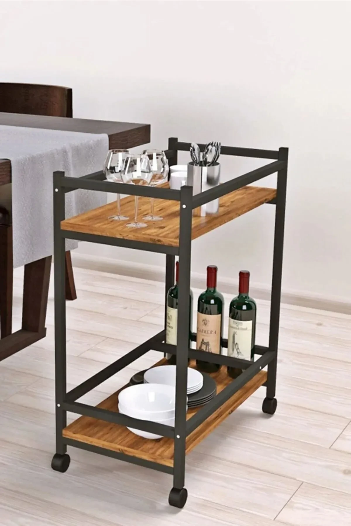 SERVO | Tekerlekli Servis Sunum Arabası | Şişe Bölmeli Servant | Servis Sehpası