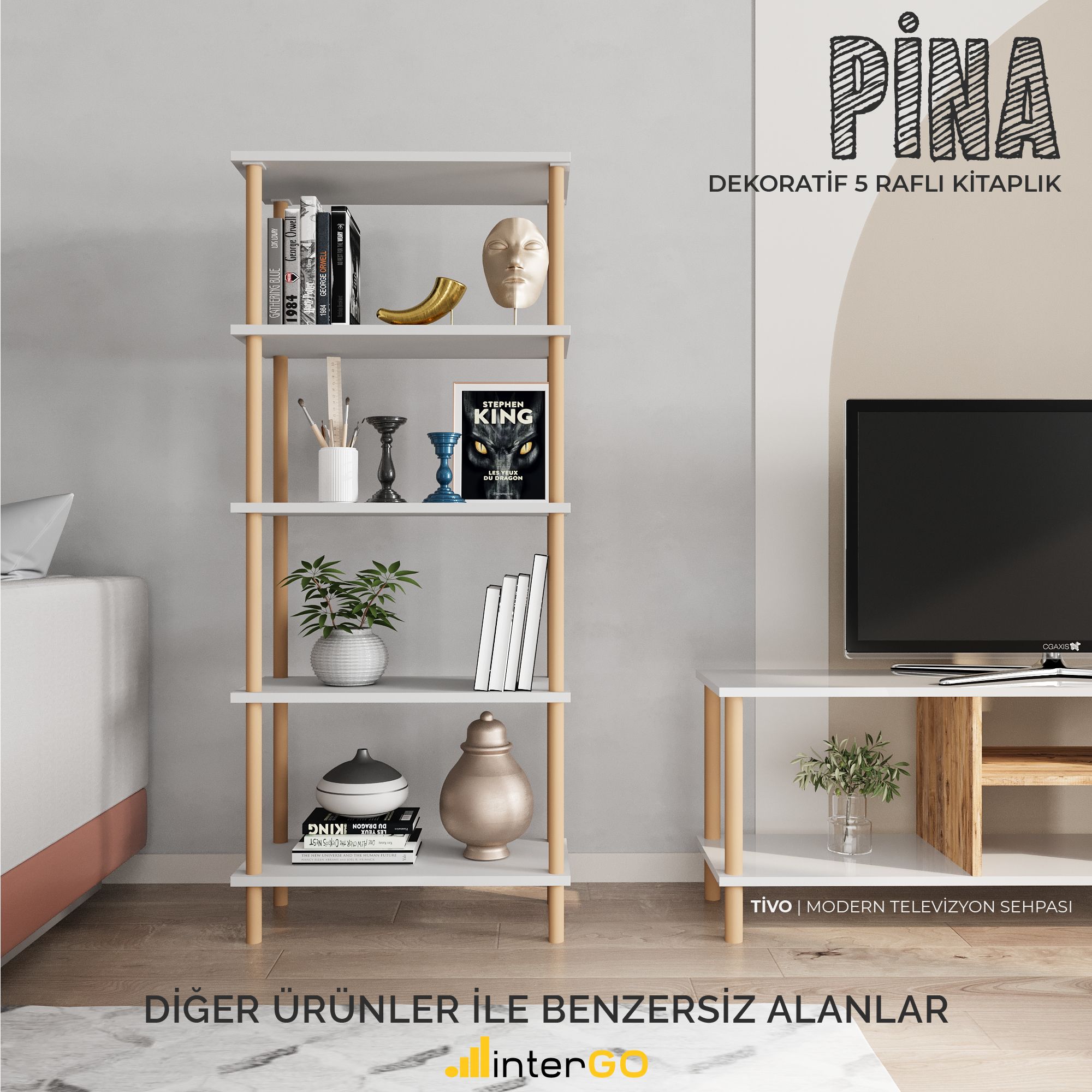 PİNA Ahşap Ayaklı Kitaplık | 5 Raflı - Düzenleyici - Beyaz