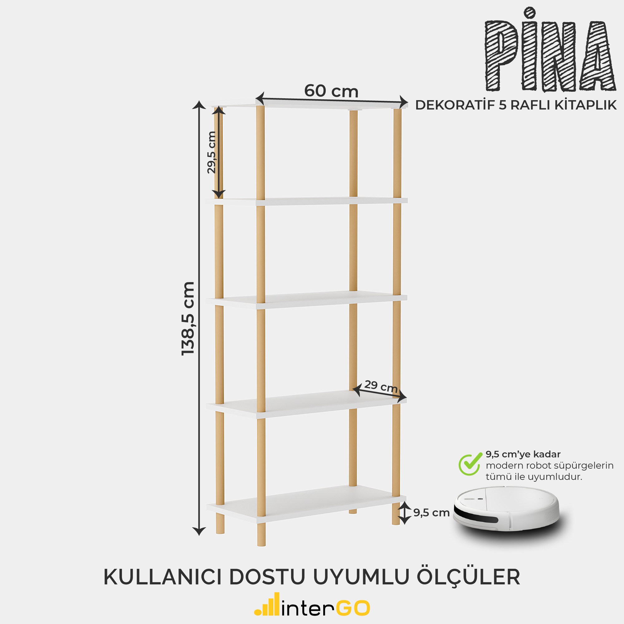 PİNA Ahşap Ayaklı Kitaplık | 5 Raflı - Düzenleyici - Beyaz