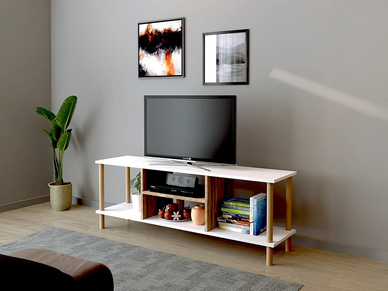 TİVO Modern Televizyon Sehpası 120 cm | Ahşap Ayaklı Raflı Tv Sehpası - Beyaz - Çam