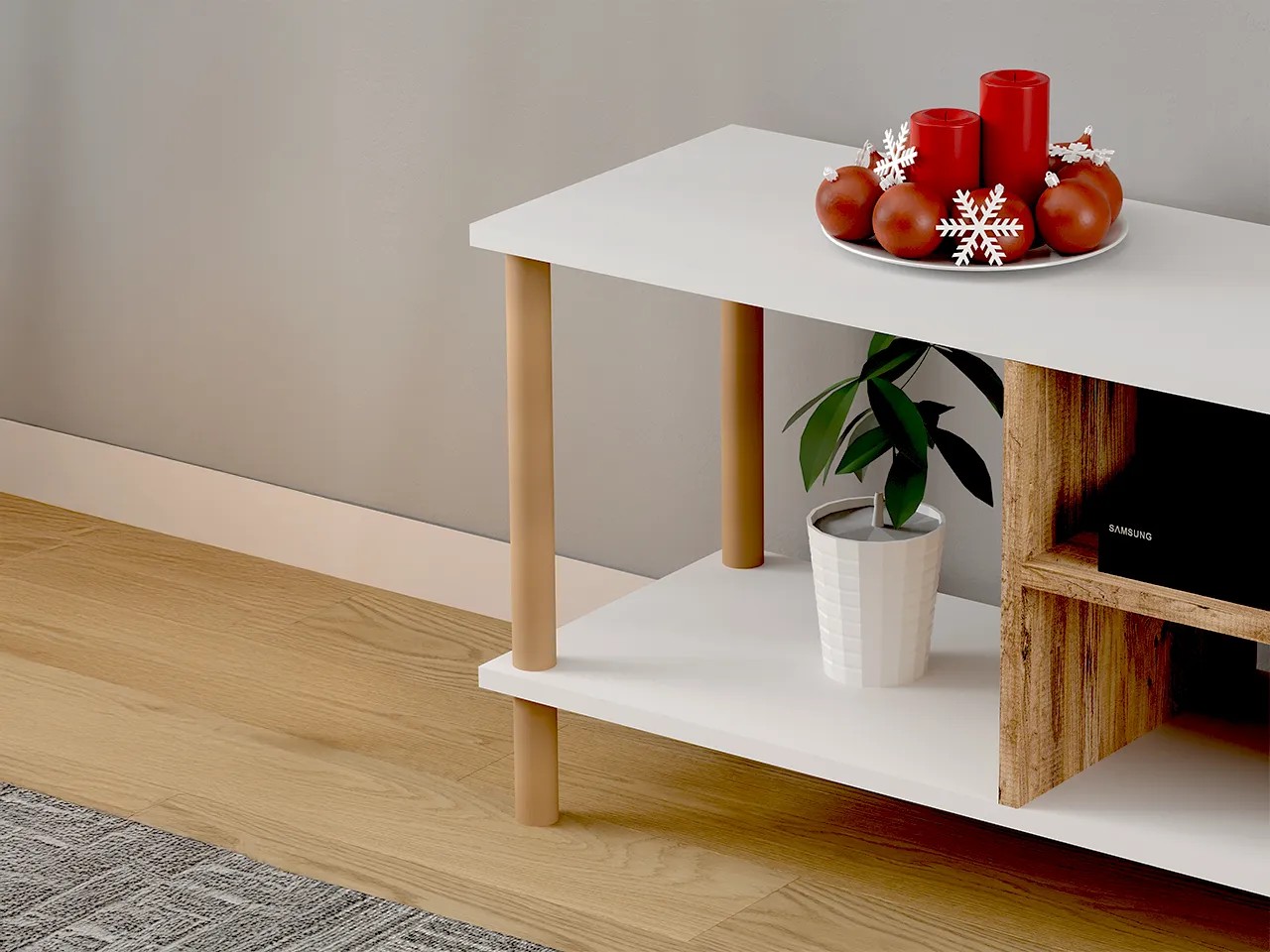 TİVO Modern Televizyon Sehpası 120 cm | Ahşap Ayaklı Raflı Tv Sehpası - Beyaz - Çam