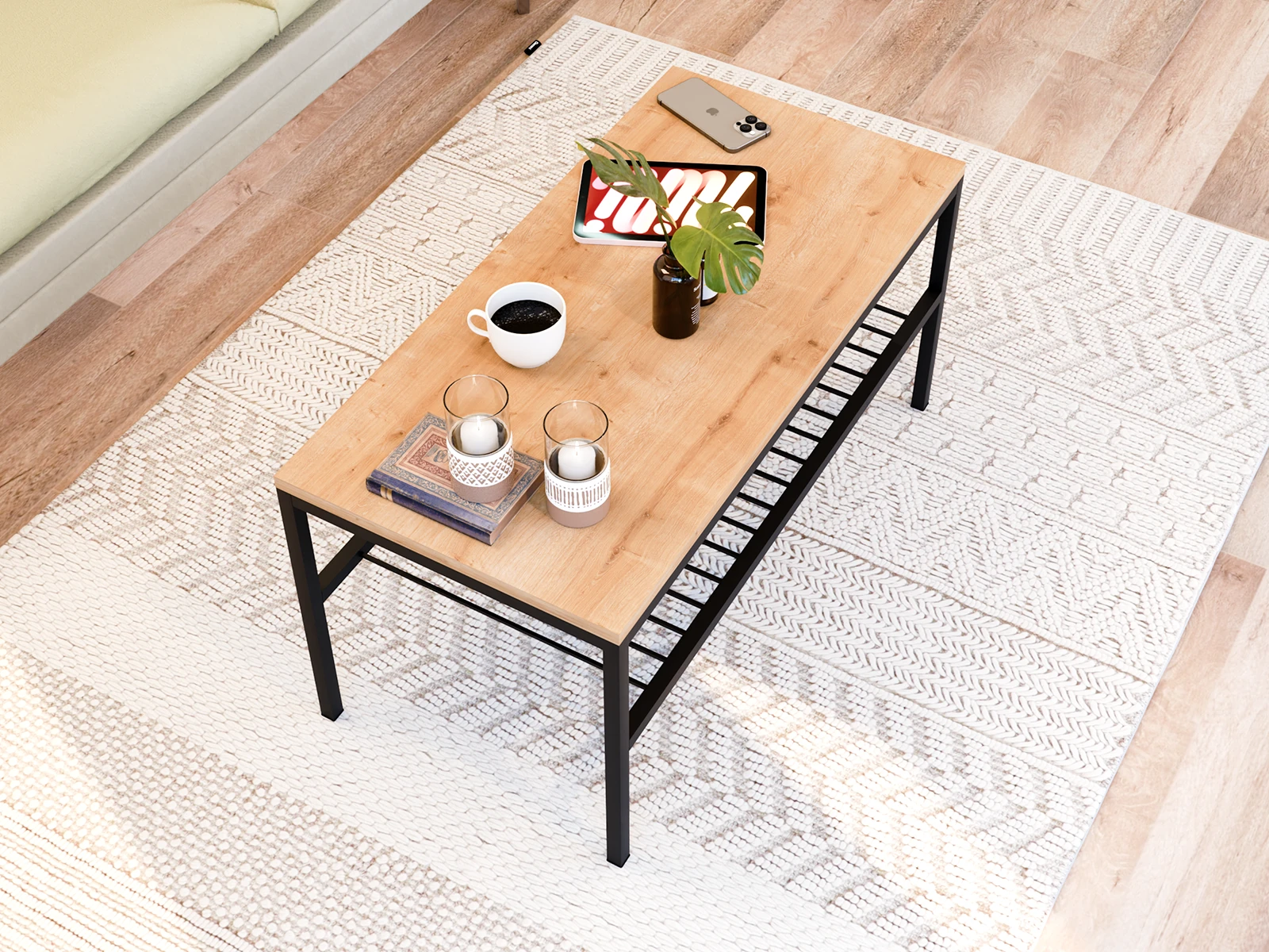 OMVO Metal Orta Sehpa | 2 Raflı Orta Sehpa - Safir Meşe