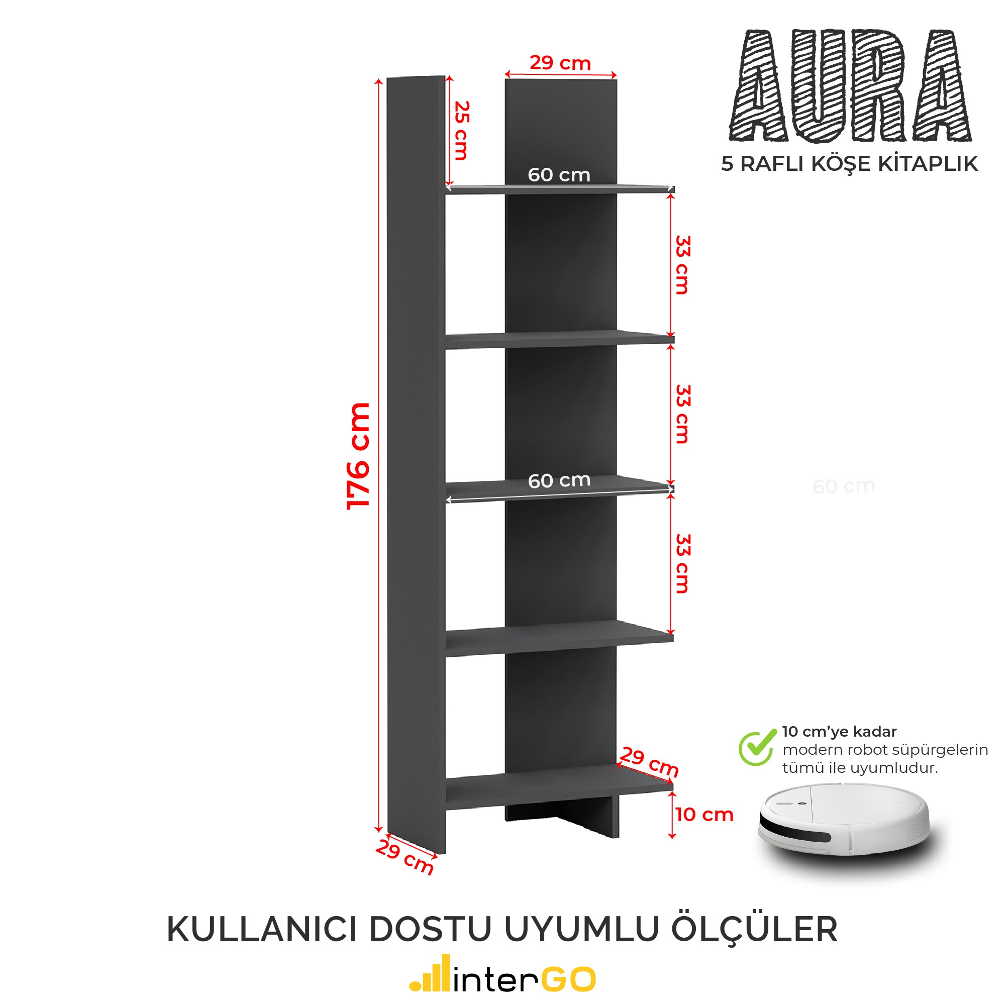 AURA 5 Raflı Kitaplık | Köşe Kitaplık | Asimetrik - Antrasit