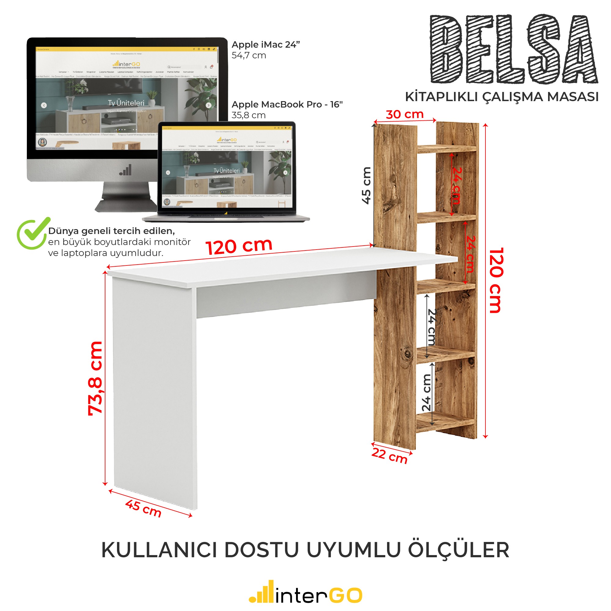 BELSA | Kitaplıklı Çalışma Masası - Beyaz - Atlantik Çam