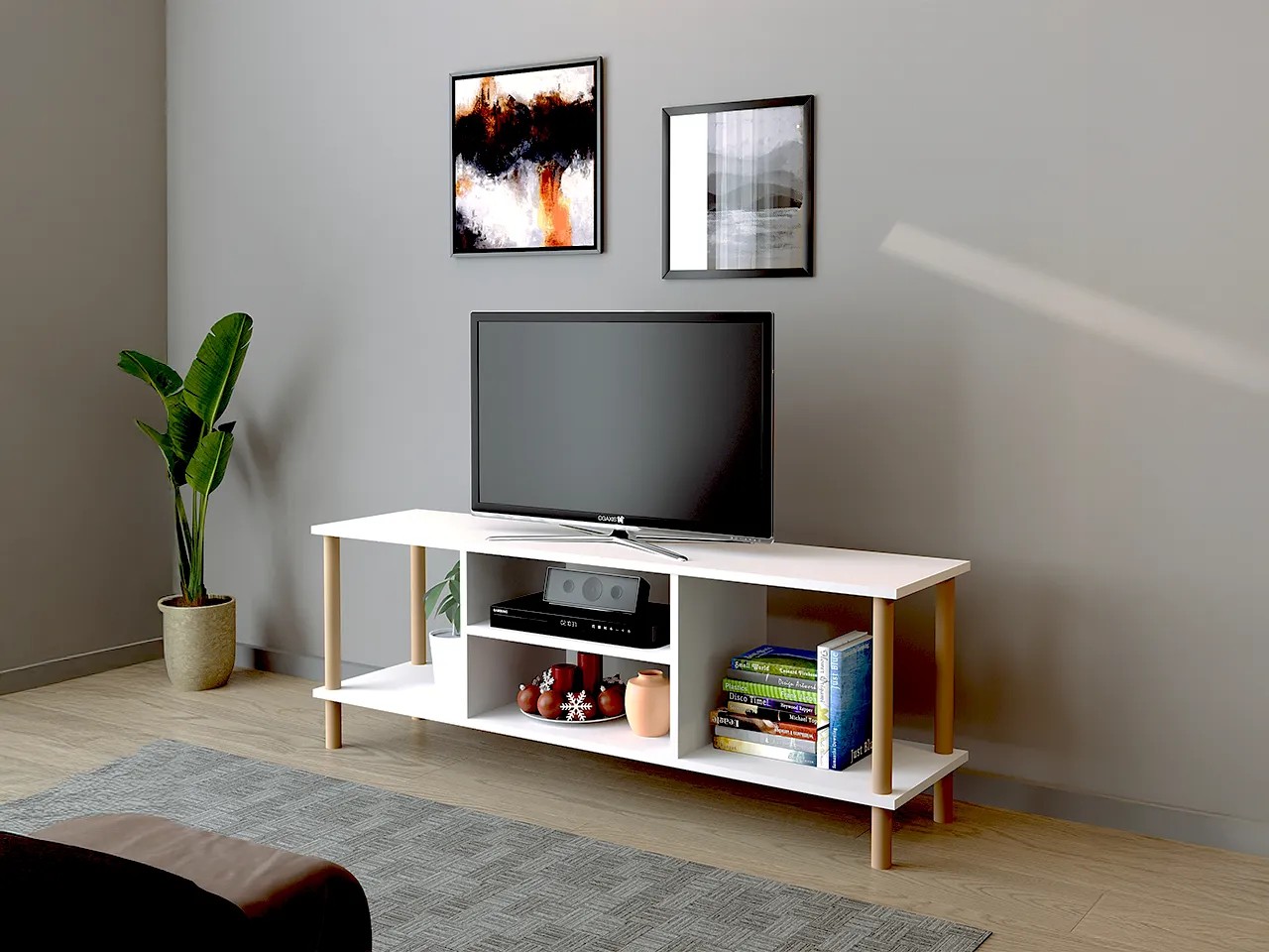 TİVO Modern Televizyon Sehpası 120 cm | Ahşap Ayaklı Raflı Tv Sehpası - Beyaz