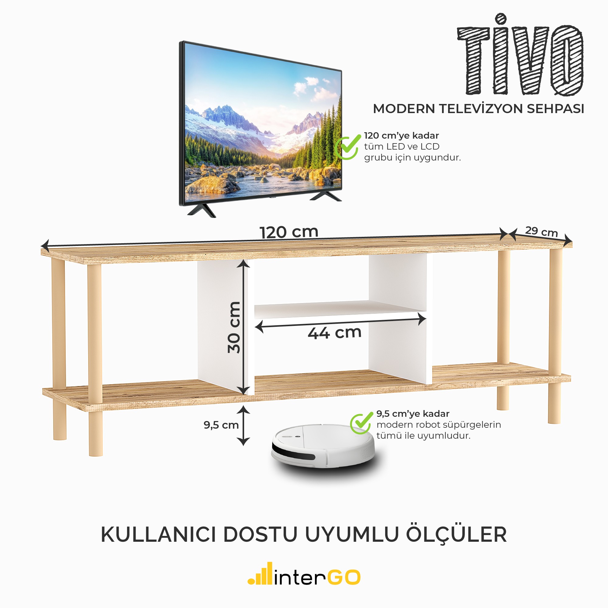 TİVO Modern Televizyon Sehpası 120 cm | Ahşap Ayaklı Raflı Tv Sehpası - Çam - Beyaz