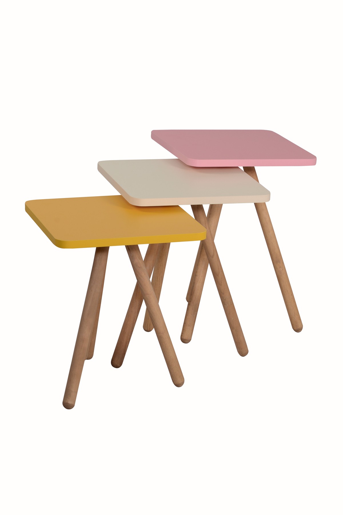 Kare Karışık Renkli Üçlü Zigon Sehpa - Sarı,Krem,Pembe