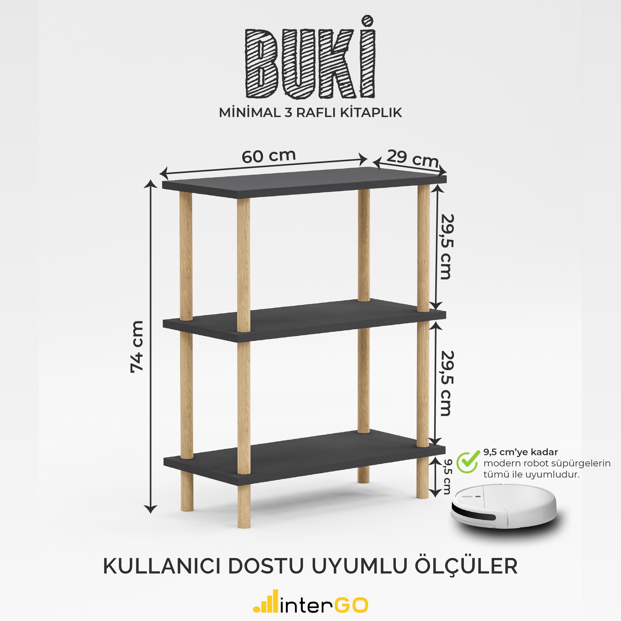 BUKİ İskandinav Kitaplık | 3 Raflı Çok Amaçlı Düzenleyici - Antrasit