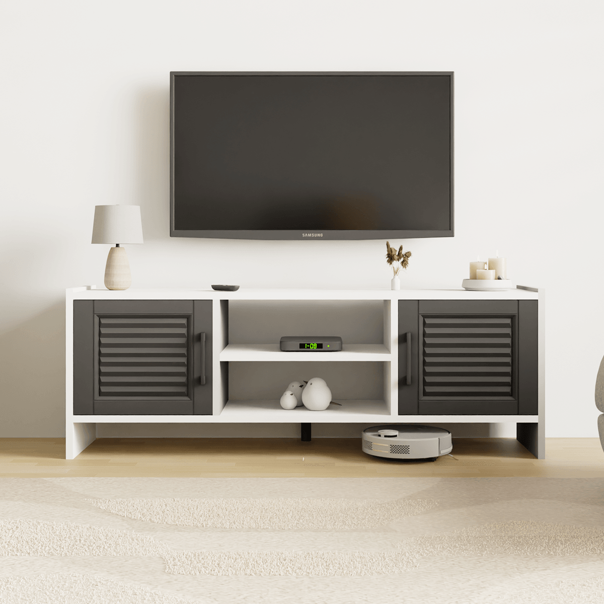MOLDE Retro TV Sehpası | Vintage Tarz MDF Kapaklı - Beyaz - Antrasit