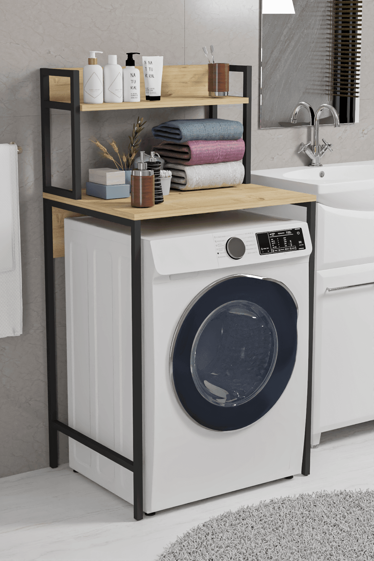 BANO | Çamaşır Makinesi Üstü Organizer | Mini Buzdolabı Üstü Organizer Ahşap Raflı