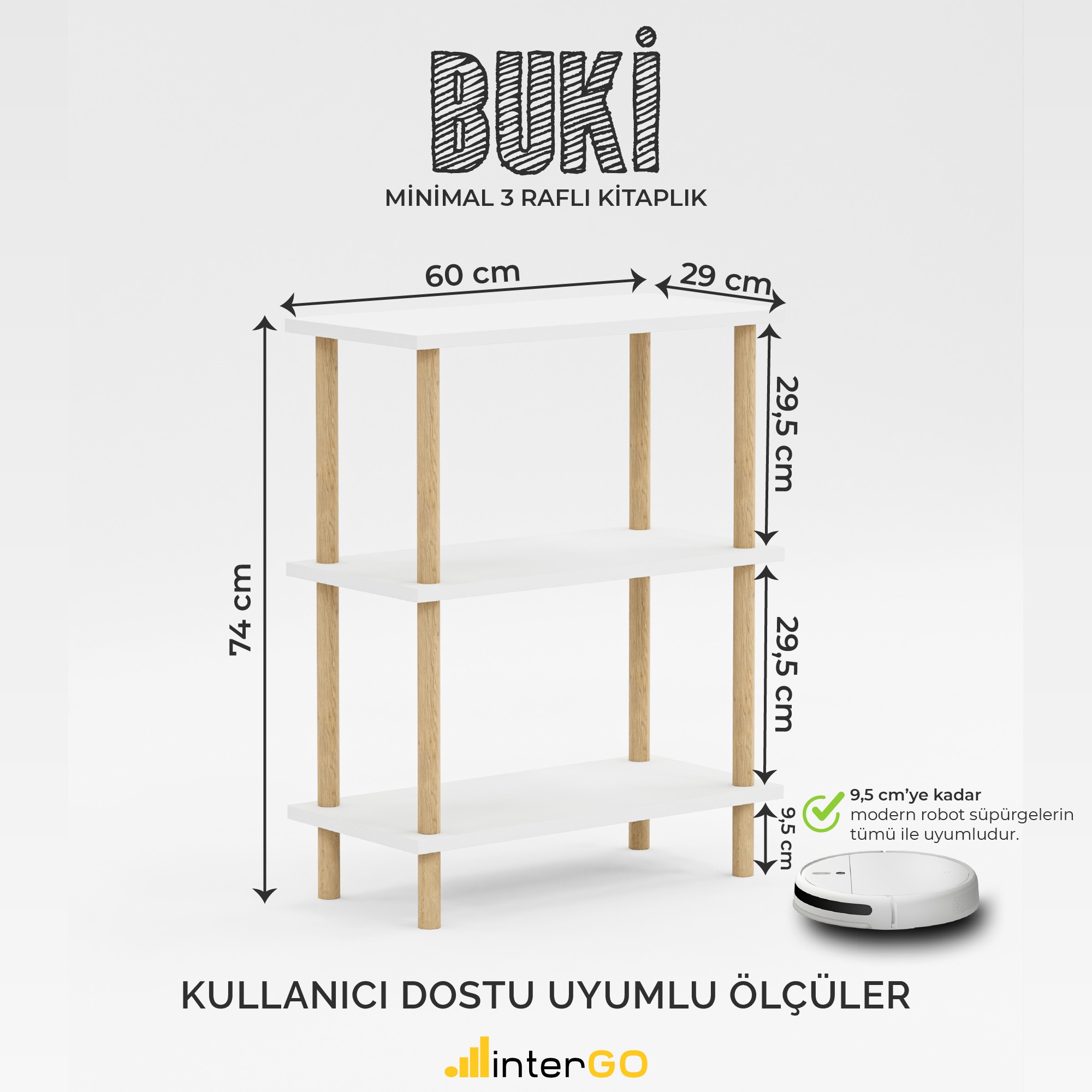 BUKİ İskandinav Kitaplık | 3 Raflı Çok Amaçlı Düzenleyici - Beyaz