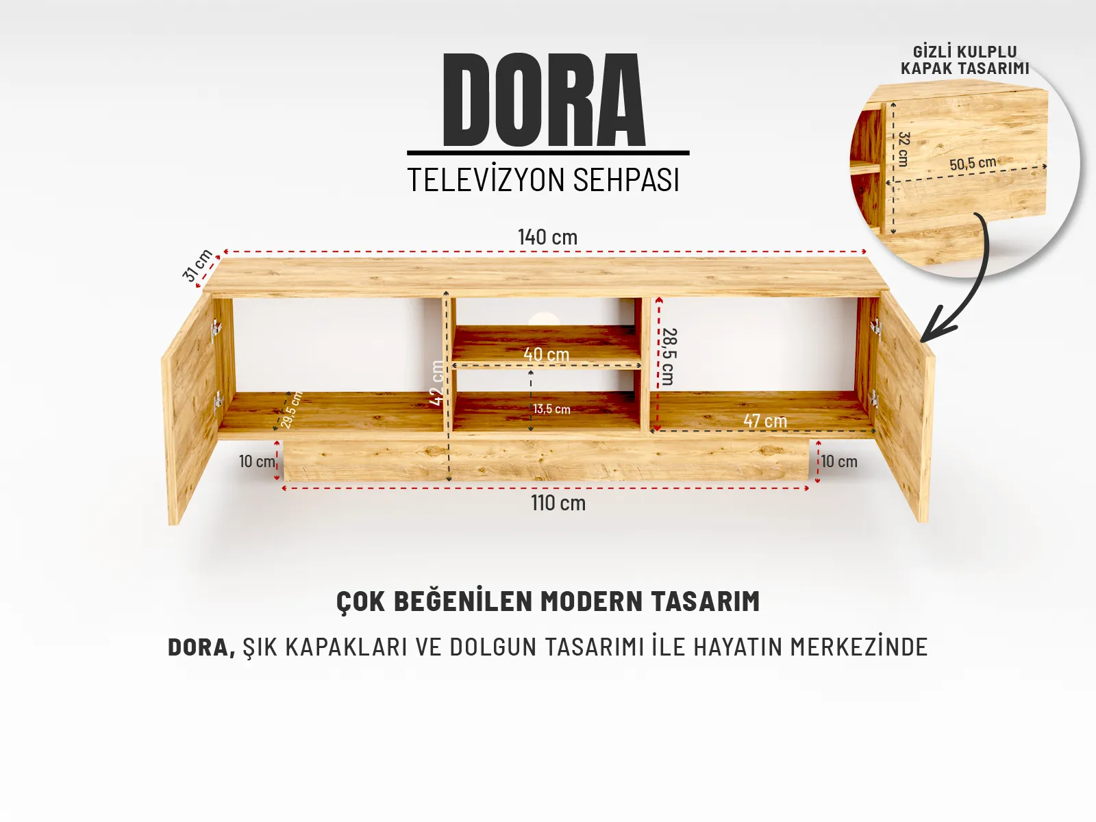 DORA 140 cm Çift Kapaklı Televizyon Sehpası | Kübik Tasarım Tv Sehpası